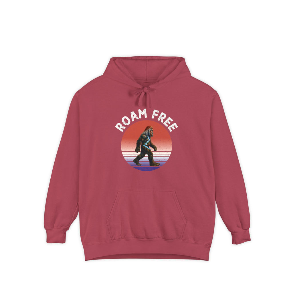 Bigfoot Roam Free Crimson Comfort Colors® Hoodie  – Patriotic Bigfoot Hiking Shirt, Outdoor Adventure Hoodie, USA Sasquatch Gift