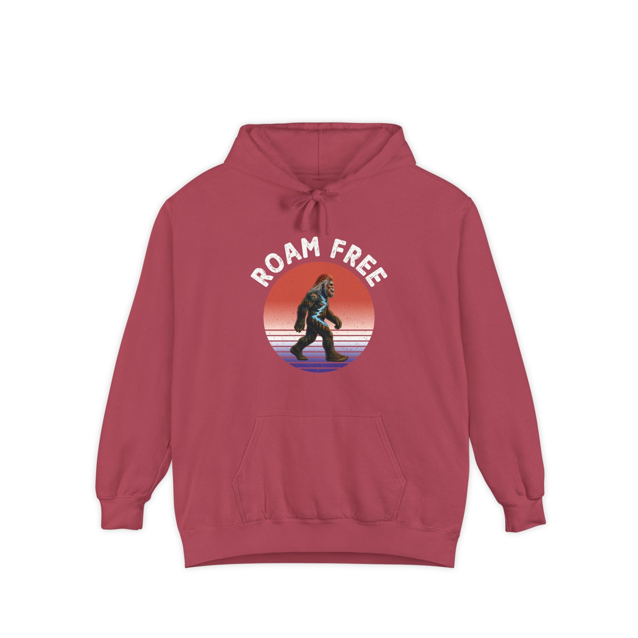 Bigfoot Roam Free Crimson Comfort Colors® Hoodie  – Patriotic Bigfoot Hiking Shirt, Outdoor Adventure Hoodie, USA Sasquatch Gift