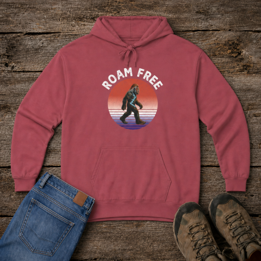Bigfoot Roam Free Crimson Comfort Colors® Hoodie  – Patriotic Bigfoot Hiking Shirt, Outdoor Adventure Hoodie, USA Sasquatch Gift