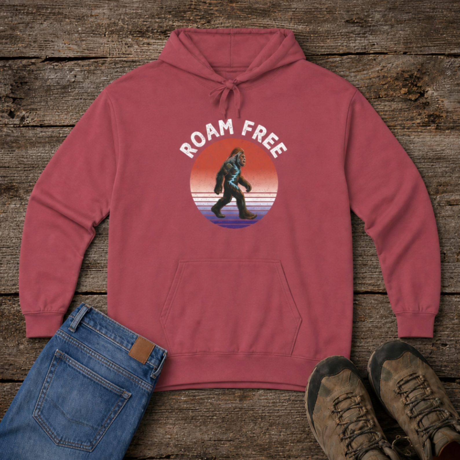 Bigfoot Roam Free Crimson Comfort Colors® Hoodie  – Patriotic Bigfoot Hiking Shirt, Outdoor Adventure Hoodie, USA Sasquatch Gift