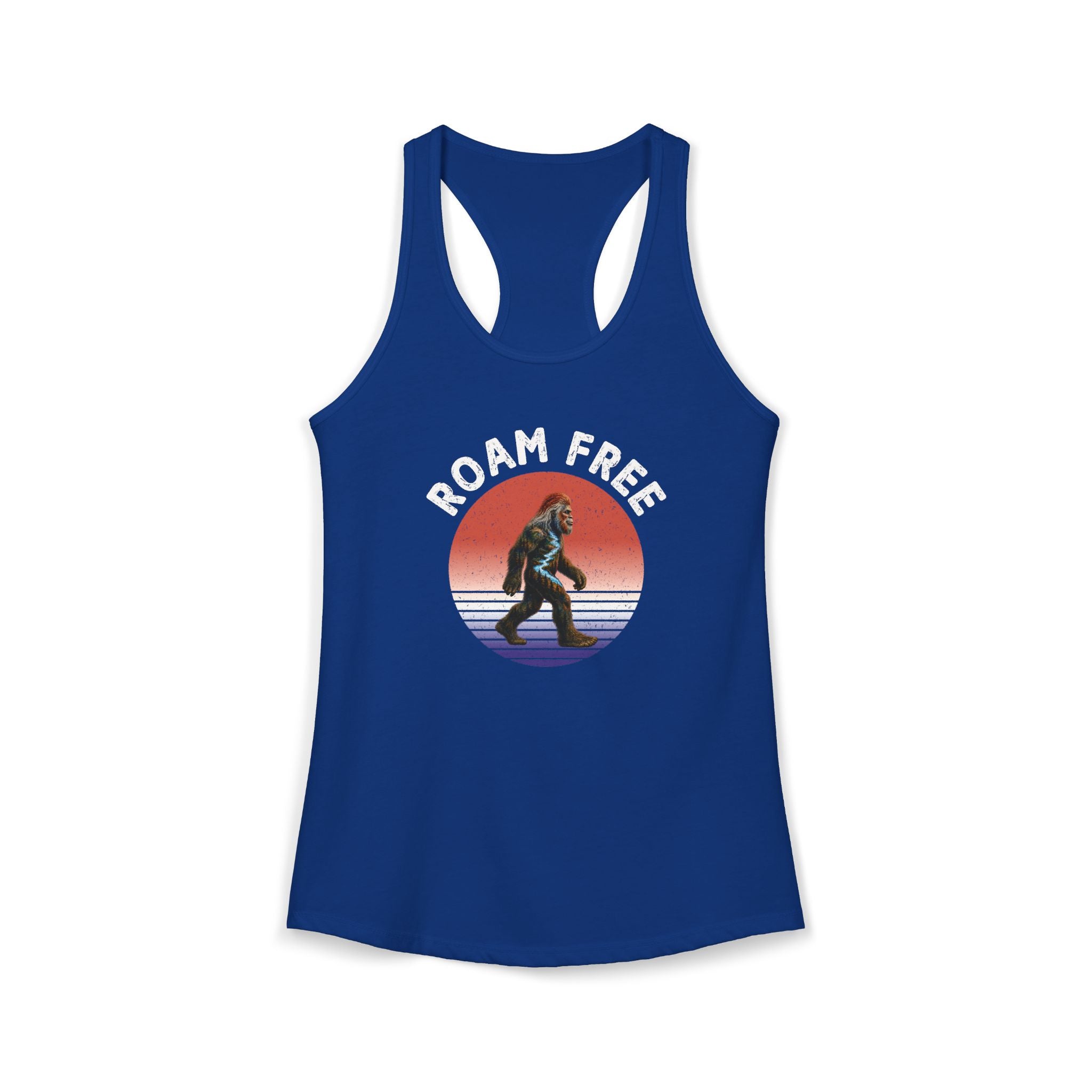 Bigfoot Roam Free Women's Blue Ideal Racerback Tank – Patriotic Bigfoot Hiking Shirt, Outdoor Adventure Tank, Bigfoot Gift, Sasquatch