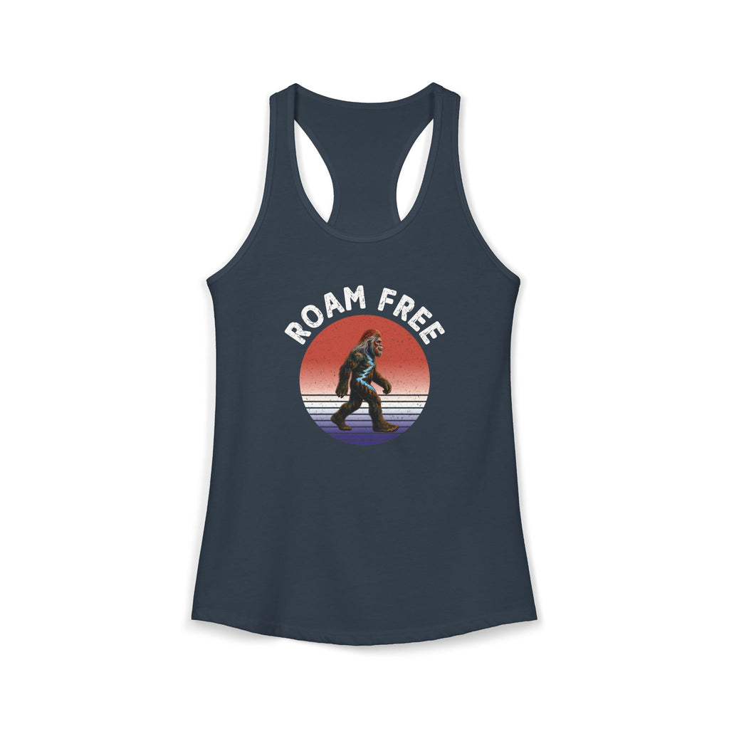 Bigfoot Roam Free Women's Blue Ideal Racerback Tank – Patriotic Bigfoot Hiking Shirt, Outdoor Adventure Tank, Bigfoot Gift, Sasquatch