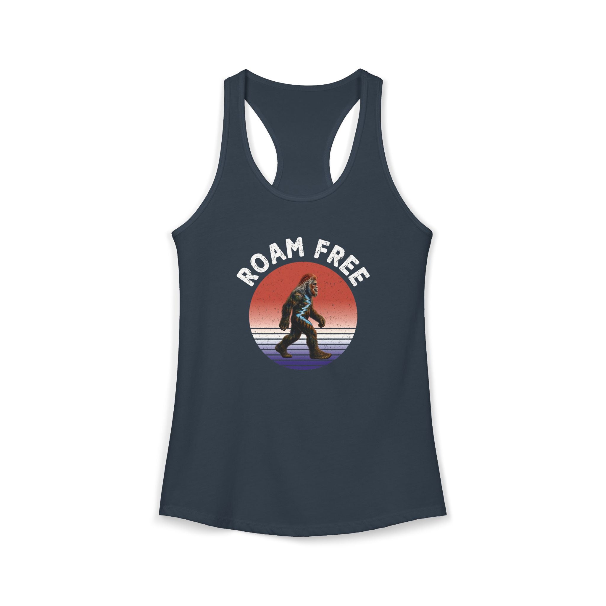 Bigfoot Roam Free Women's Blue Ideal Racerback Tank – Patriotic Bigfoot Hiking Shirt, Outdoor Adventure Tank, Bigfoot Gift, Sasquatch