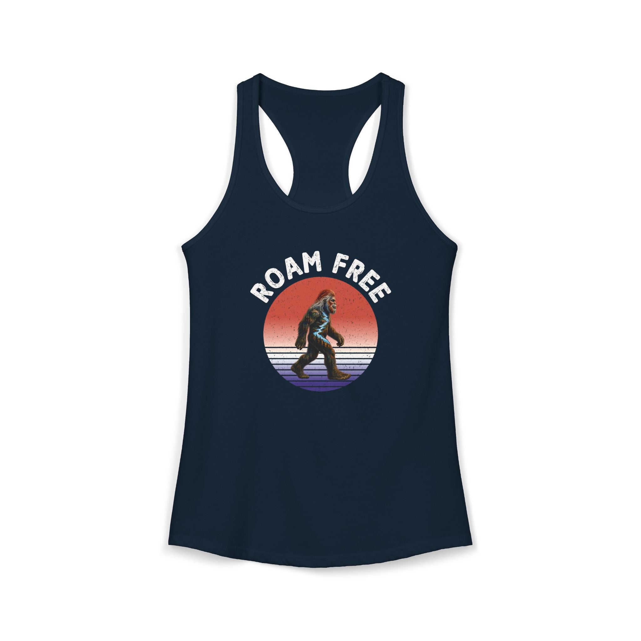 Bigfoot Roam Free Women's Blue Ideal Racerback Tank – Patriotic Bigfoot Hiking Shirt, Outdoor Adventure Tank, Bigfoot Gift, Sasquatch