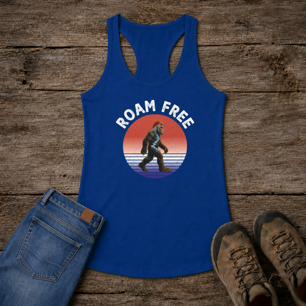 Bigfoot Roam Free Women's Blue Ideal Racerback Tank – Patriotic Bigfoot Hiking Shirt, Outdoor Adventure Tank, Bigfoot Gift, Sasquatch
