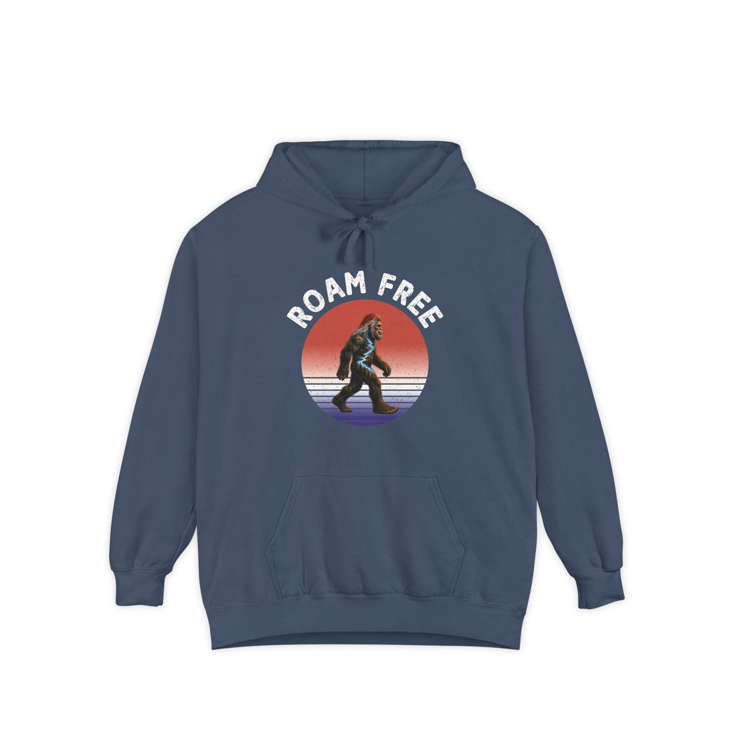 Bigfoot Roam Free Blue Comfort Colors® Hoodie  – Patriotic Bigfoot Hiking Shirt, Outdoor Adventure Hoodie, USA Sasquatch Gift