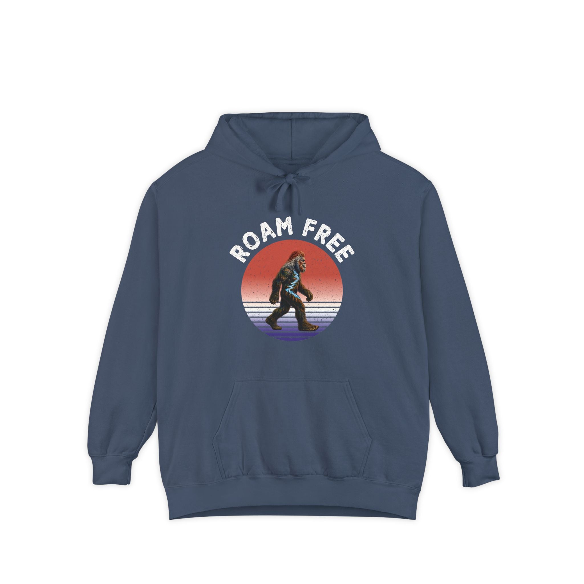 Bigfoot Roam Free Blue Comfort Colors® Hoodie  – Patriotic Bigfoot Hiking Shirt, Outdoor Adventure Hoodie, USA Sasquatch Gift