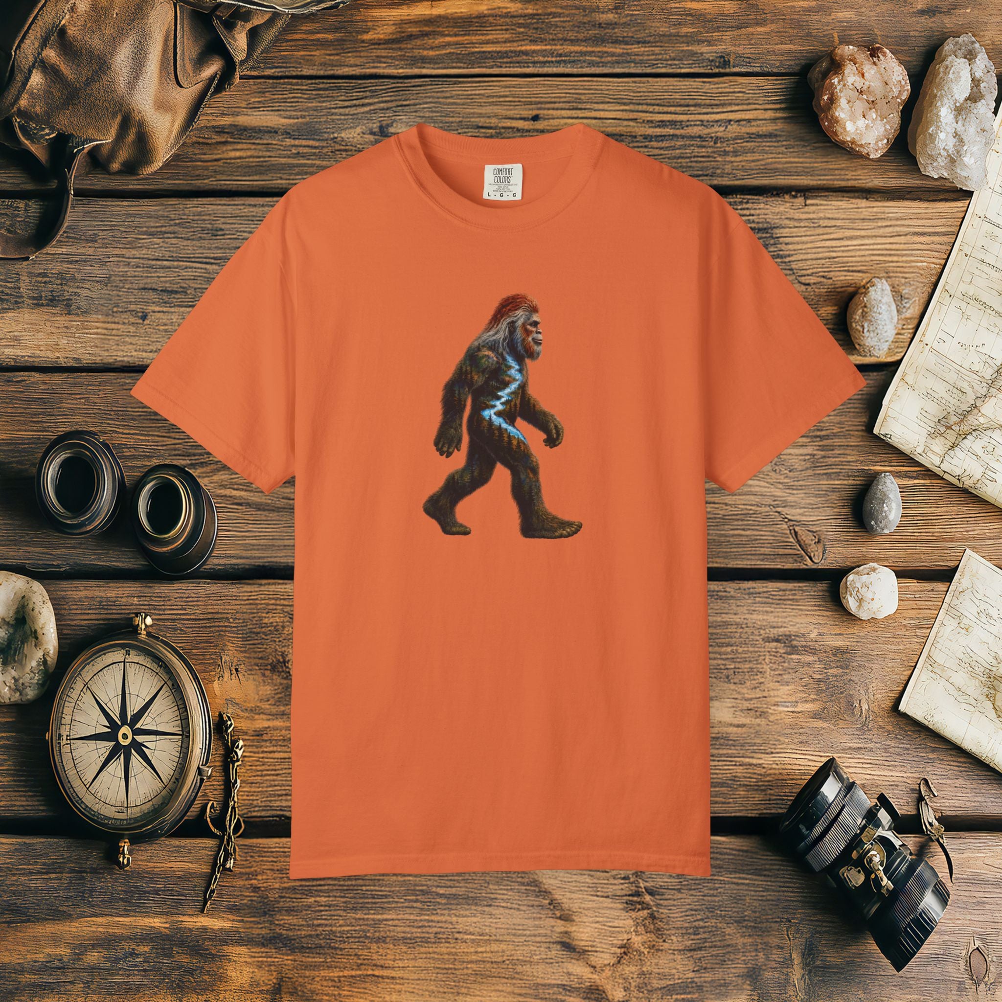 Bigfoot Sunset Comfort Colors® 1717 Premium T-Shirt, Nature Bigfoot Graphic Tee, Wildlife Landscape Shirt, Rustic Outdoor Adventure Shirt, Forest Sasquatch Tee