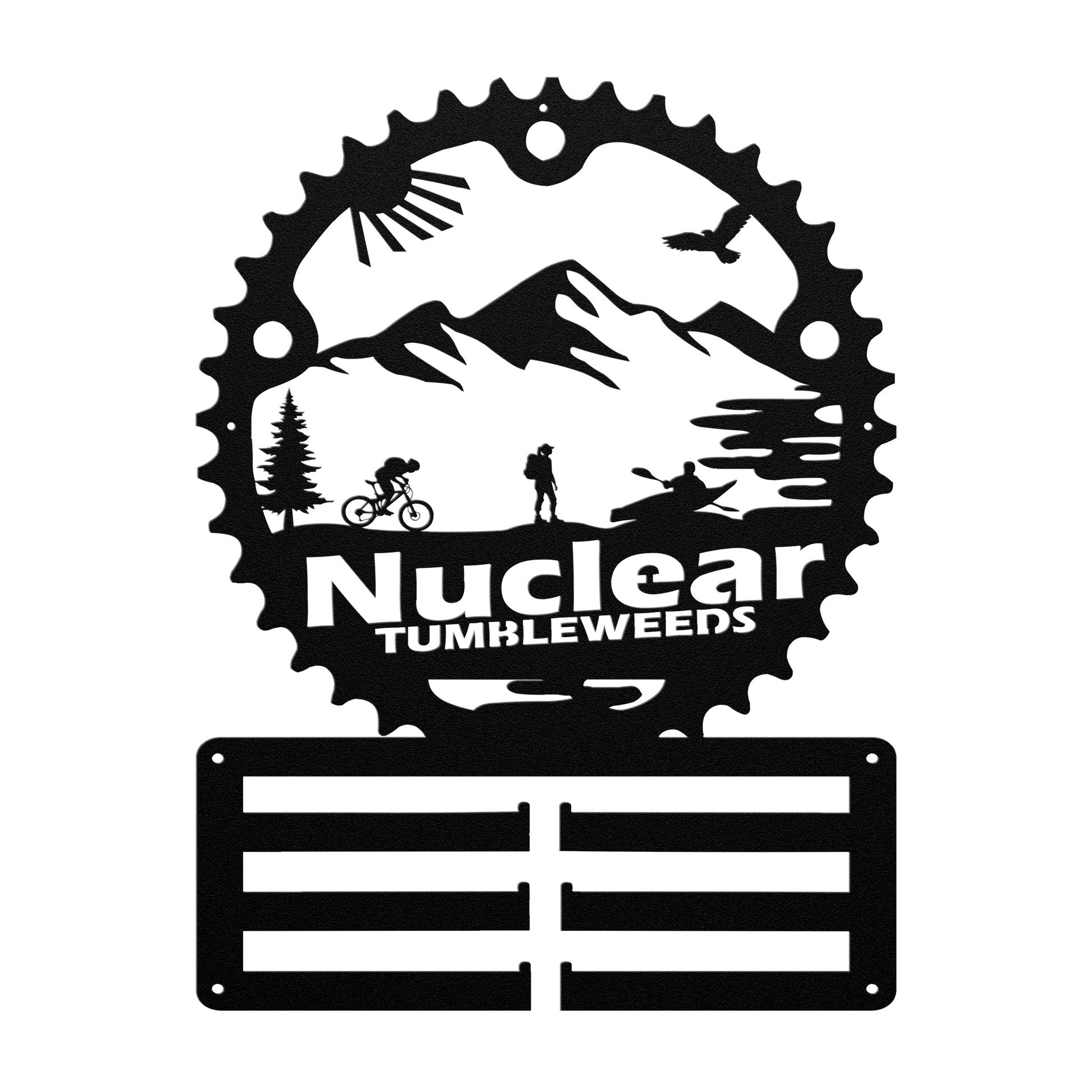 Custom Adventure Racing Chainring Medal Hanger With Female Hiker, Personalized Adventure Race Gift, Metal Adventure Wall Art, Home Decor Black