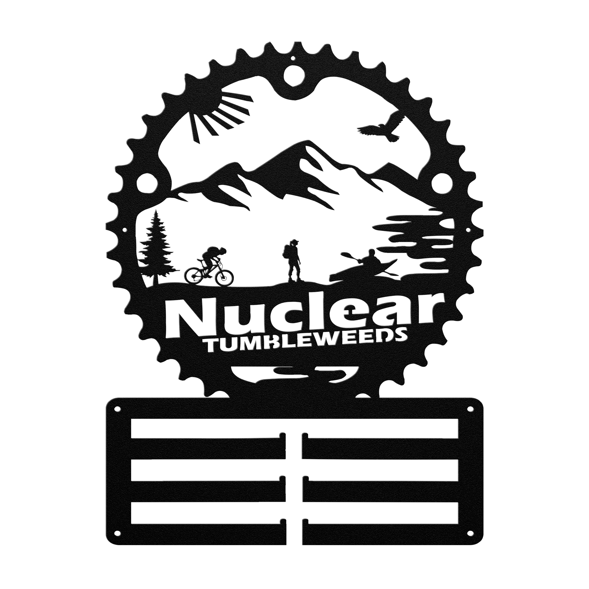 Custom Adventure Racing Chainring Medal Hanger With Female Hiker, Personalized Adventure Race Gift, Metal Adventure Wall Art, Home Decor Black