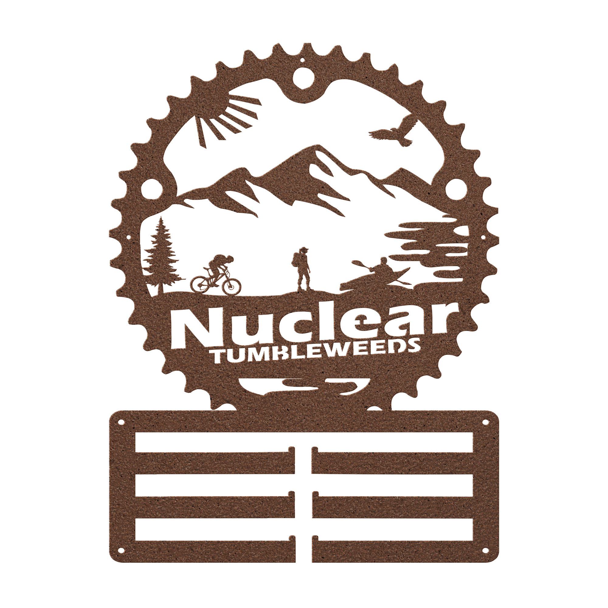 Custom Adventure Racing Chainring Medal Hanger With Female Hiker, Personalized Adventure Race Gift, Metal Adventure Wall Art, Home Decor Copper