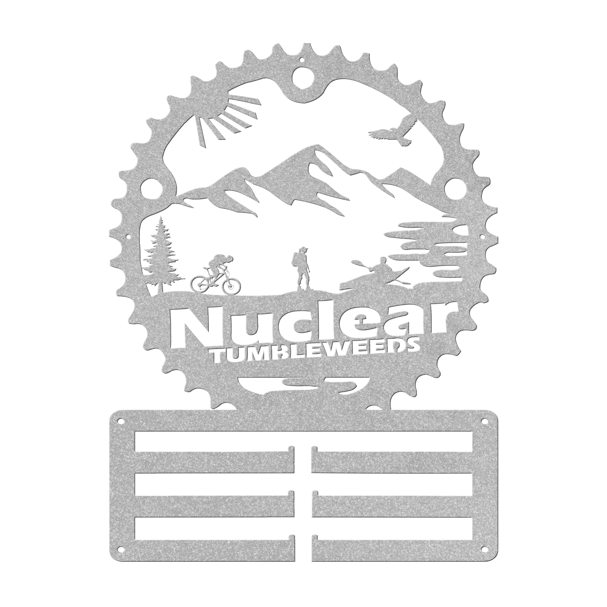 Custom Adventure Racing Chainring Medal Hanger With Female Hiker, Personalized Adventure Race Gift, Metal Adventure Wall Art, Home Decor Silver