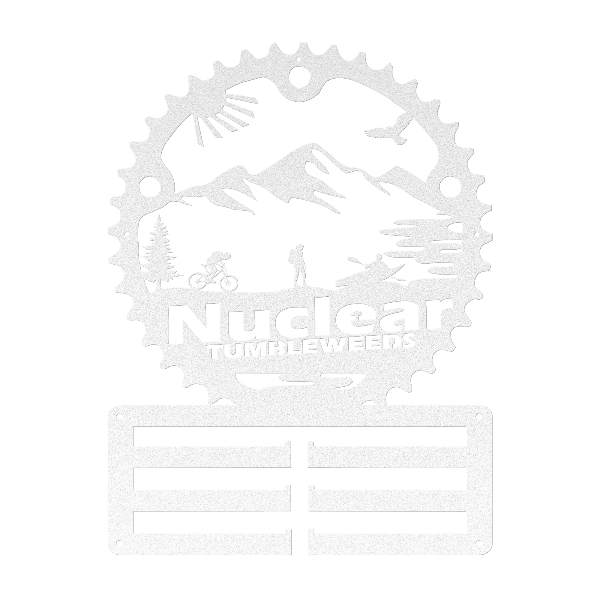 Custom Adventure Racing Chainring Medal Hanger With Female Hiker, Personalized Adventure Race Gift, Metal Adventure Wall Art, Home Decor White