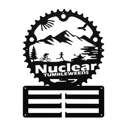 Custom Adventure Racing Chainring Medal Hanger With Female Runner, Personalized Adventure Race Gift, Metal Adventure Wall Art, Home Decor Black