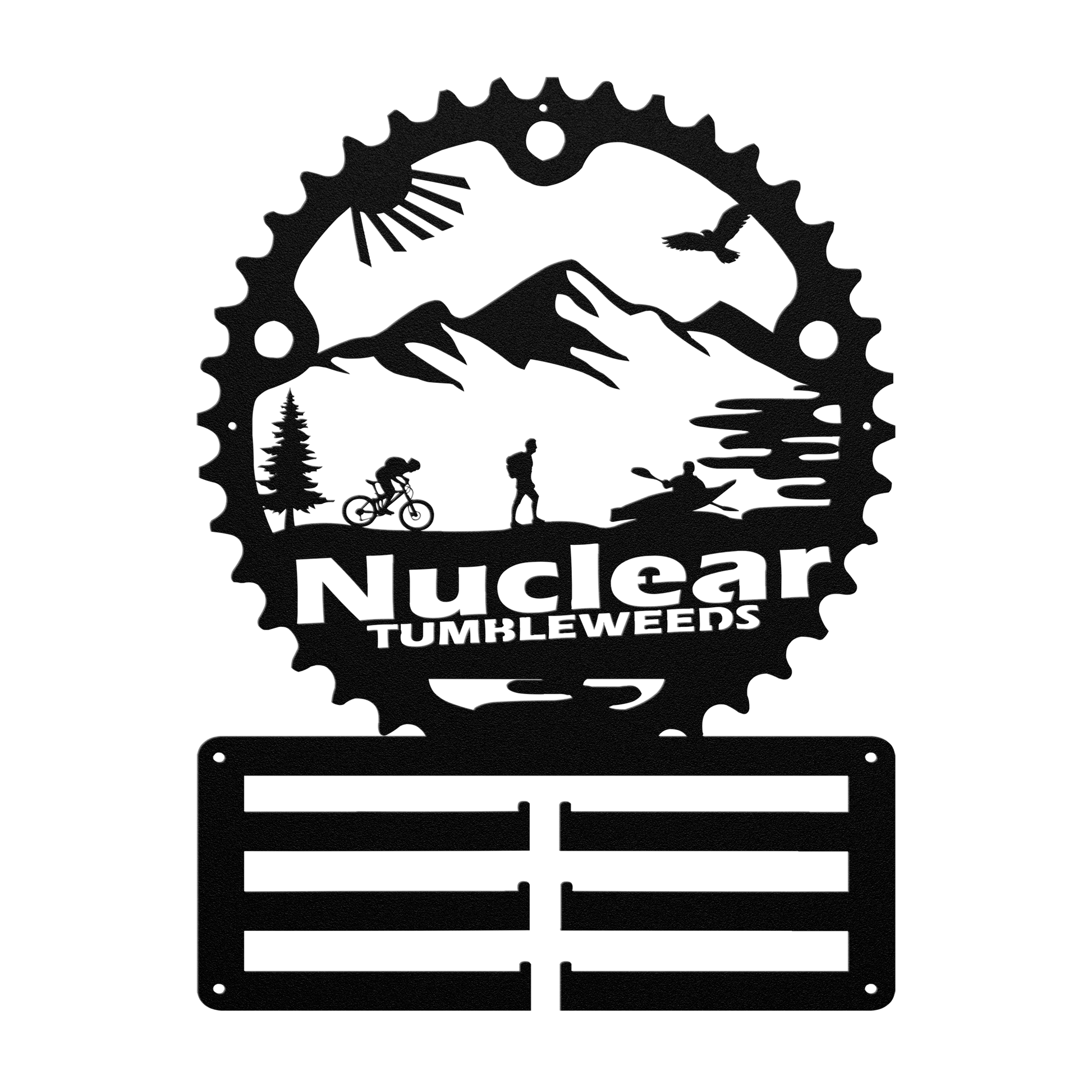 Custom Adventure Racing Chainring Medal Hanger With Male Hiker, Personalized Adventure Race Gift, Metal Adventure Wall Art, Home Decor Black