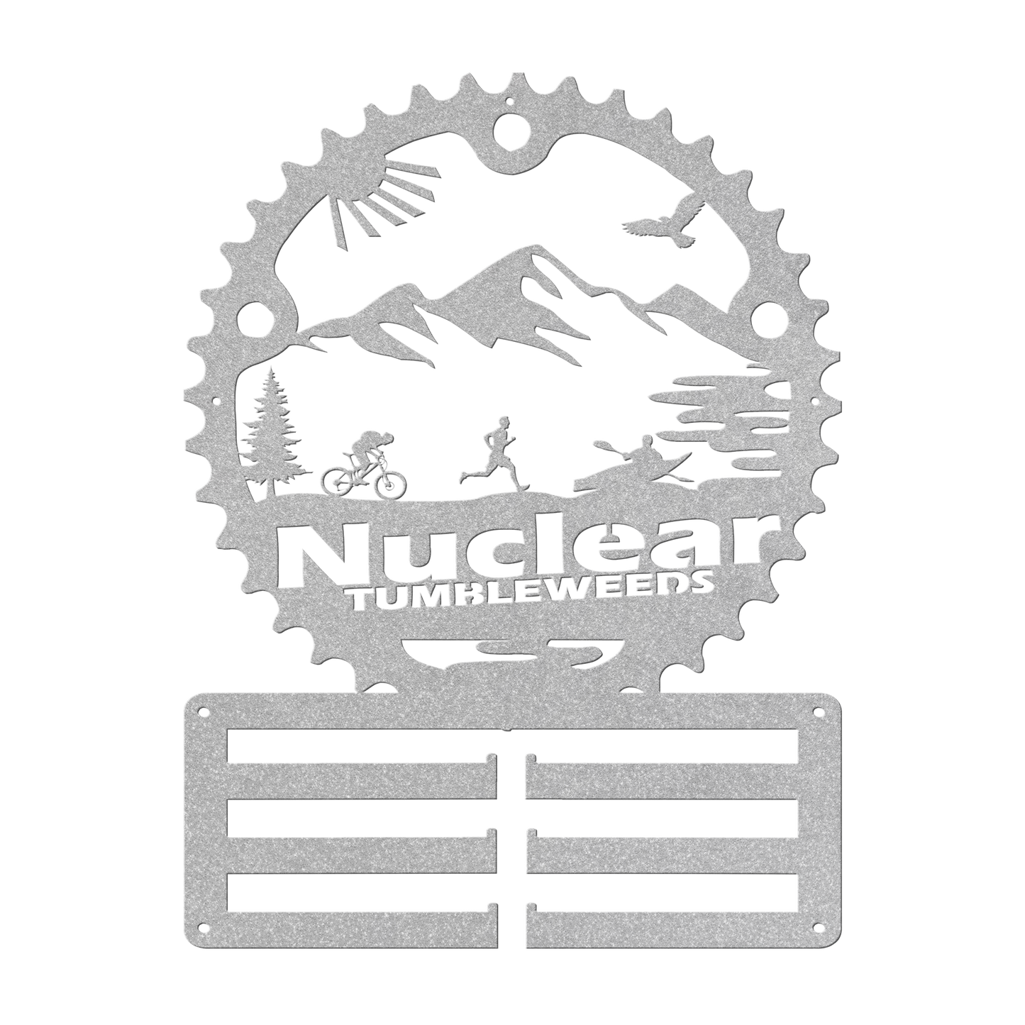 Custom Adventure Racing Chainring Medal Hanger With Male Runner, Personalized Adventure Race Gift, Metal Adventure Wall Art, Home Decor Silver