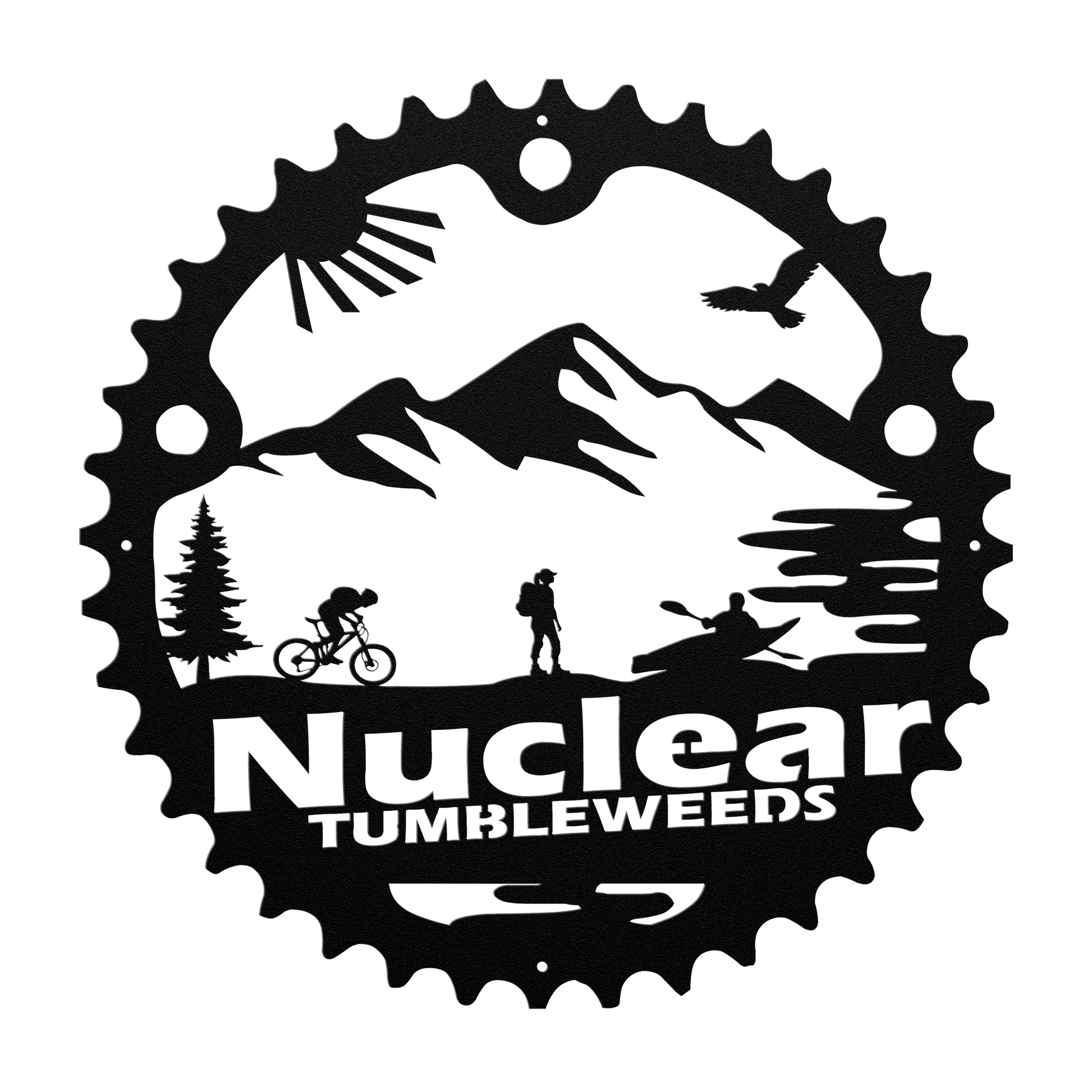 Custom Adventure Racing Chainring Metal Sign With Female Hiker, Personalized Adventure Race Gift, Metal Adventure Wall Art, Home Decor Black
