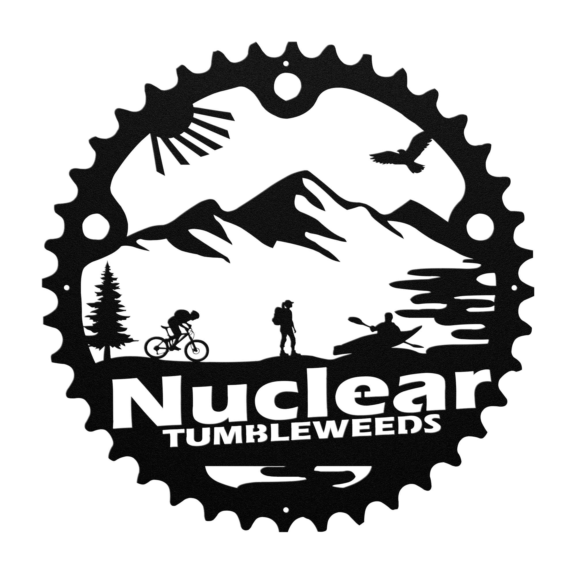 Custom Adventure Racing Chainring Metal Sign With Female Hiker, Personalized Adventure Race Gift, Metal Adventure Wall Art, Home Decor Black