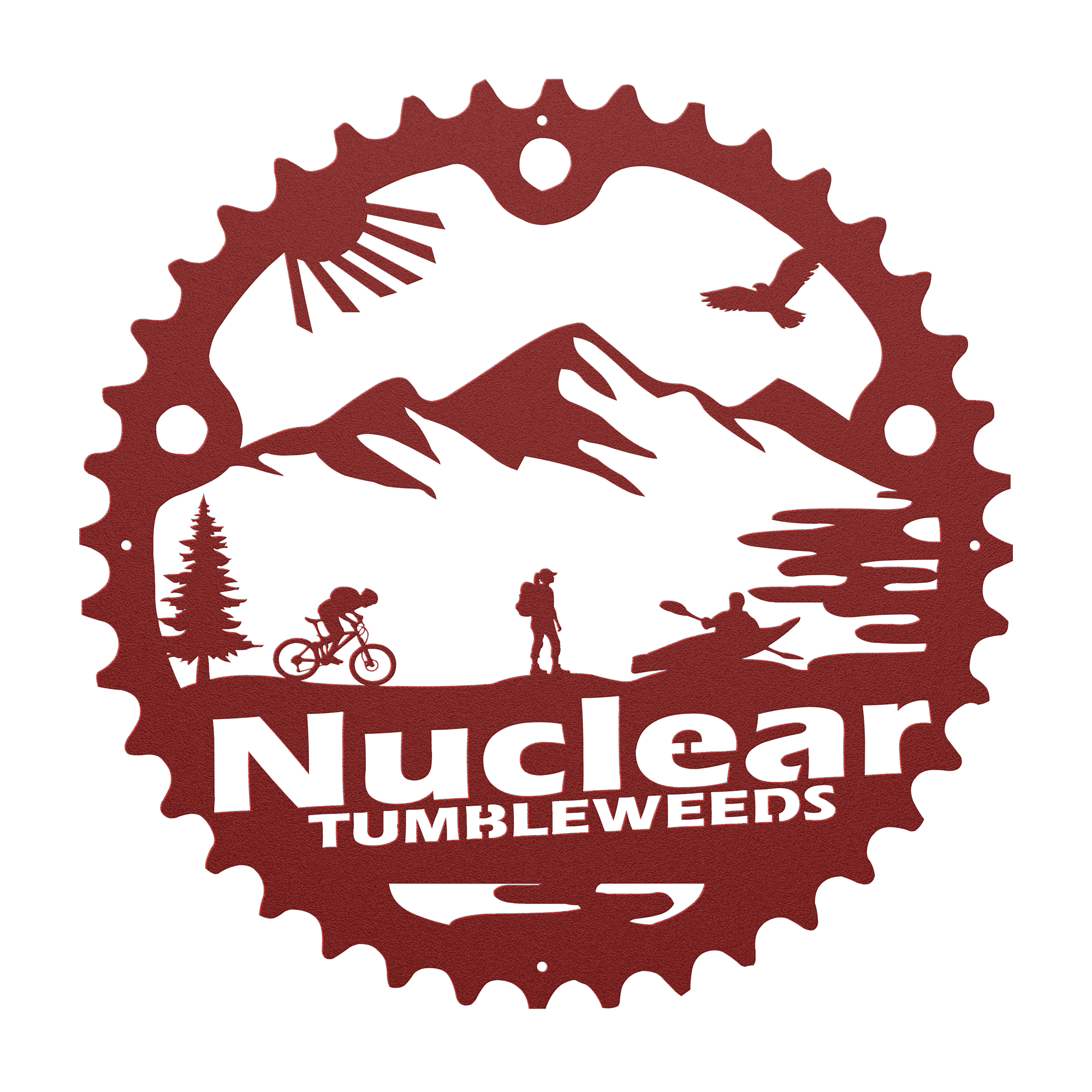 Custom Adventure Racing Chainring Metal Sign With Female Hiker, Personalized Adventure Race Gift, Metal Adventure Wall Art, Home Decor Red