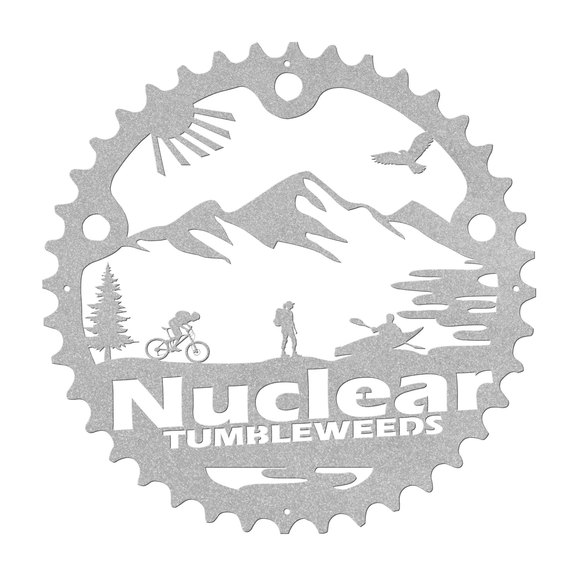 Custom Adventure Racing Chainring Metal Sign With Female Hiker, Personalized Adventure Race Gift, Metal Adventure Wall Art, Home Decor Silver