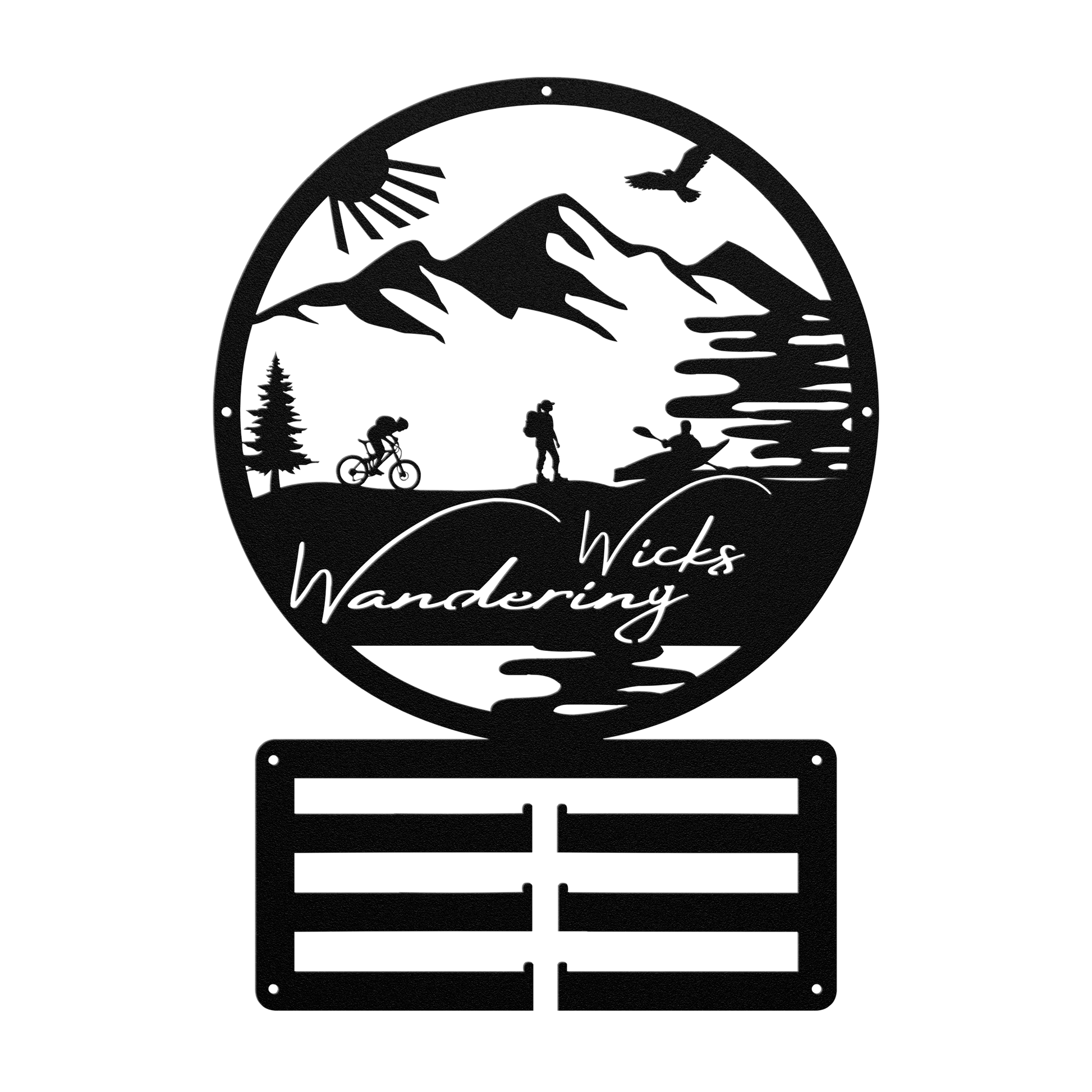 Custom Adventure Racing Medal Hanger With Female Hiker, Personalized Adventure Race Gift, Metal Adventure Wall Art, Home Decor Black
