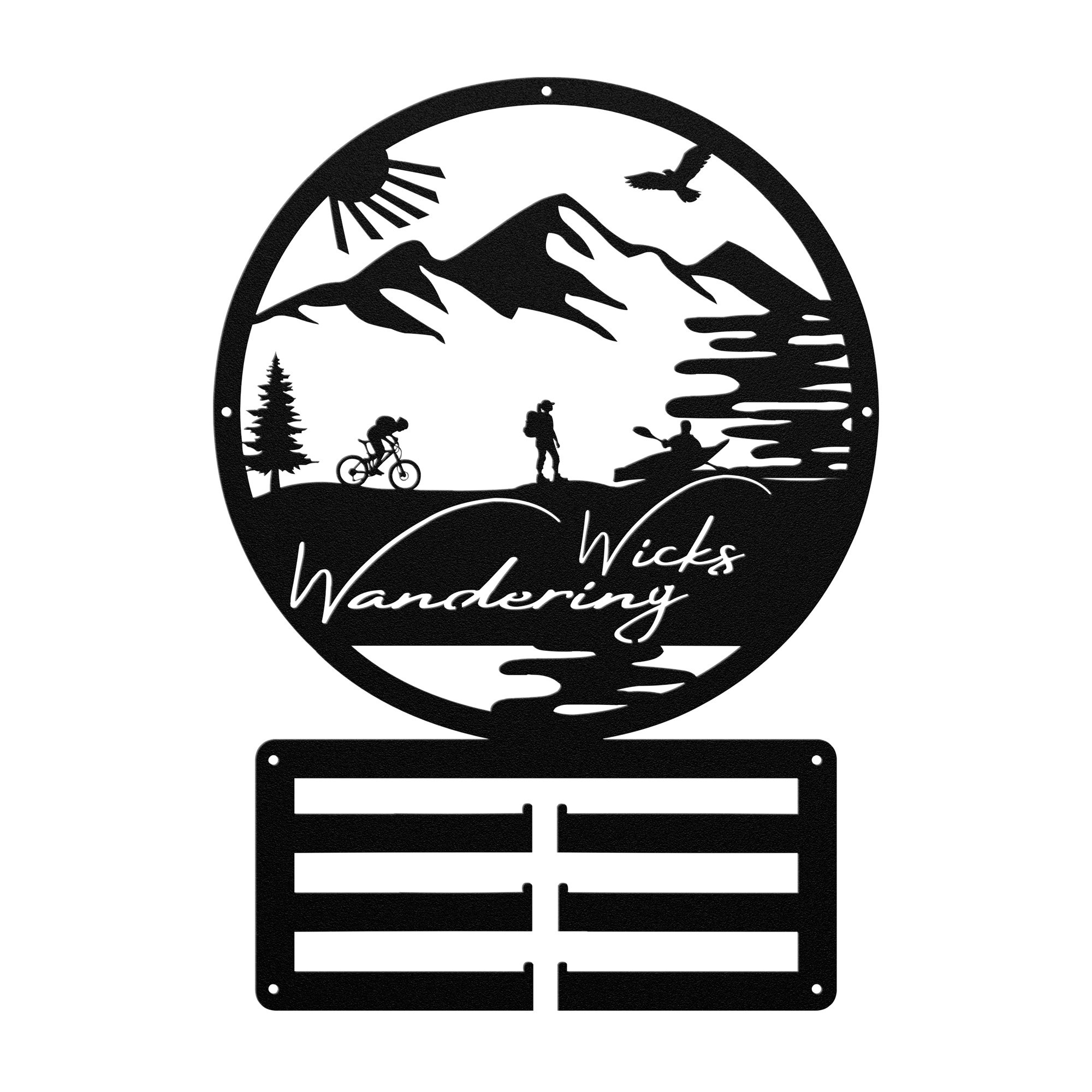 Custom Adventure Racing Medal Hanger With Female Hiker, Personalized Adventure Race Gift, Metal Adventure Wall Art, Home Decor Black