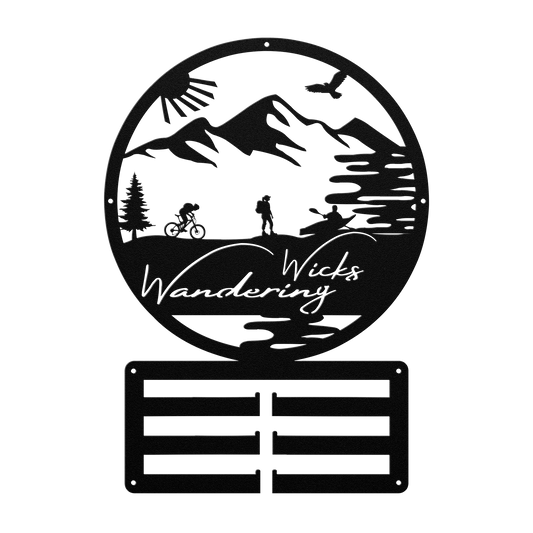 Custom Adventure Racing Medal Hanger With Female Hiker, Personalized Adventure Race Gift, Metal Adventure Wall Art, Home Decor Black