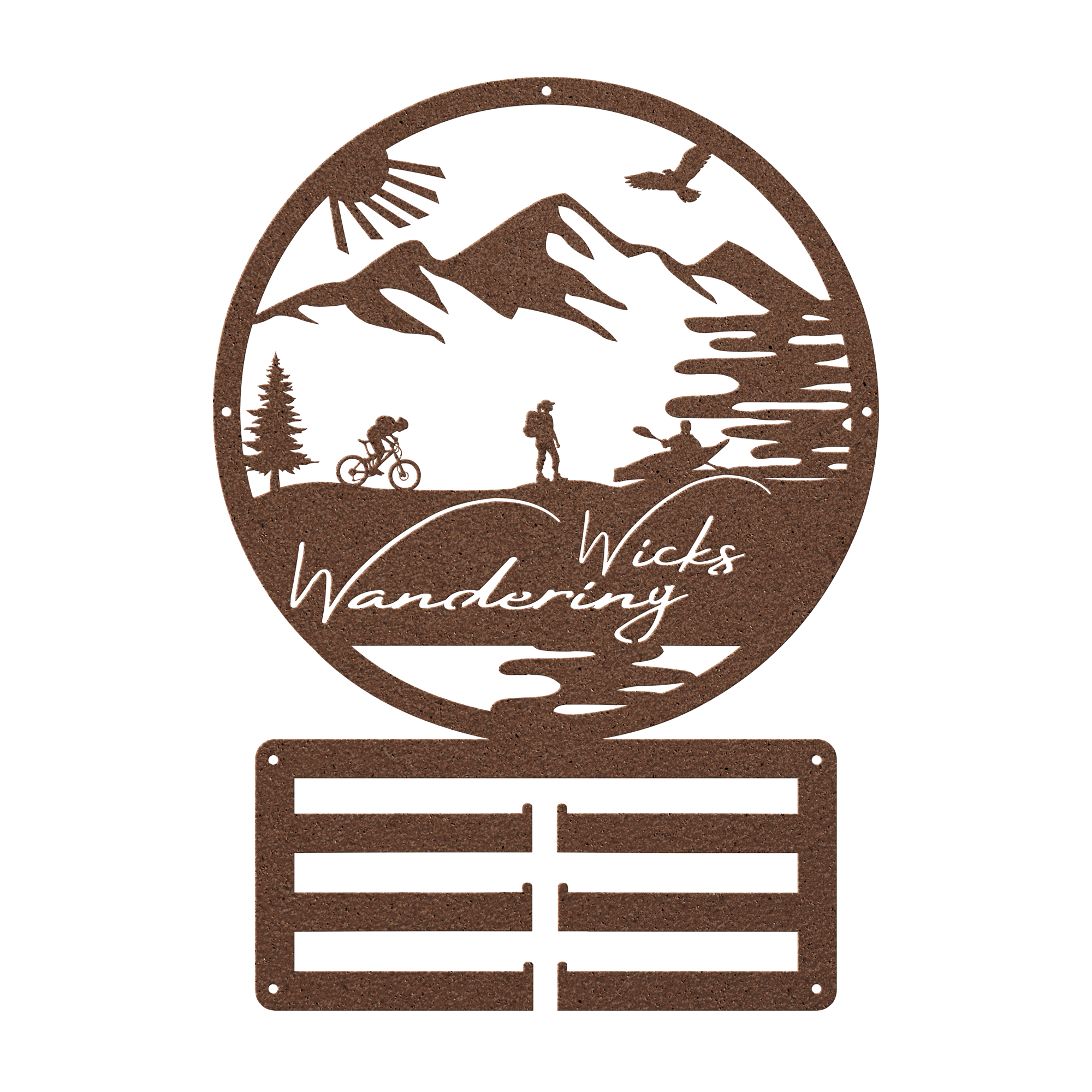 Custom Adventure Racing Medal Hanger With Female Hiker, Personalized Adventure Race Gift, Metal Adventure Wall Art, Home Decor Copper