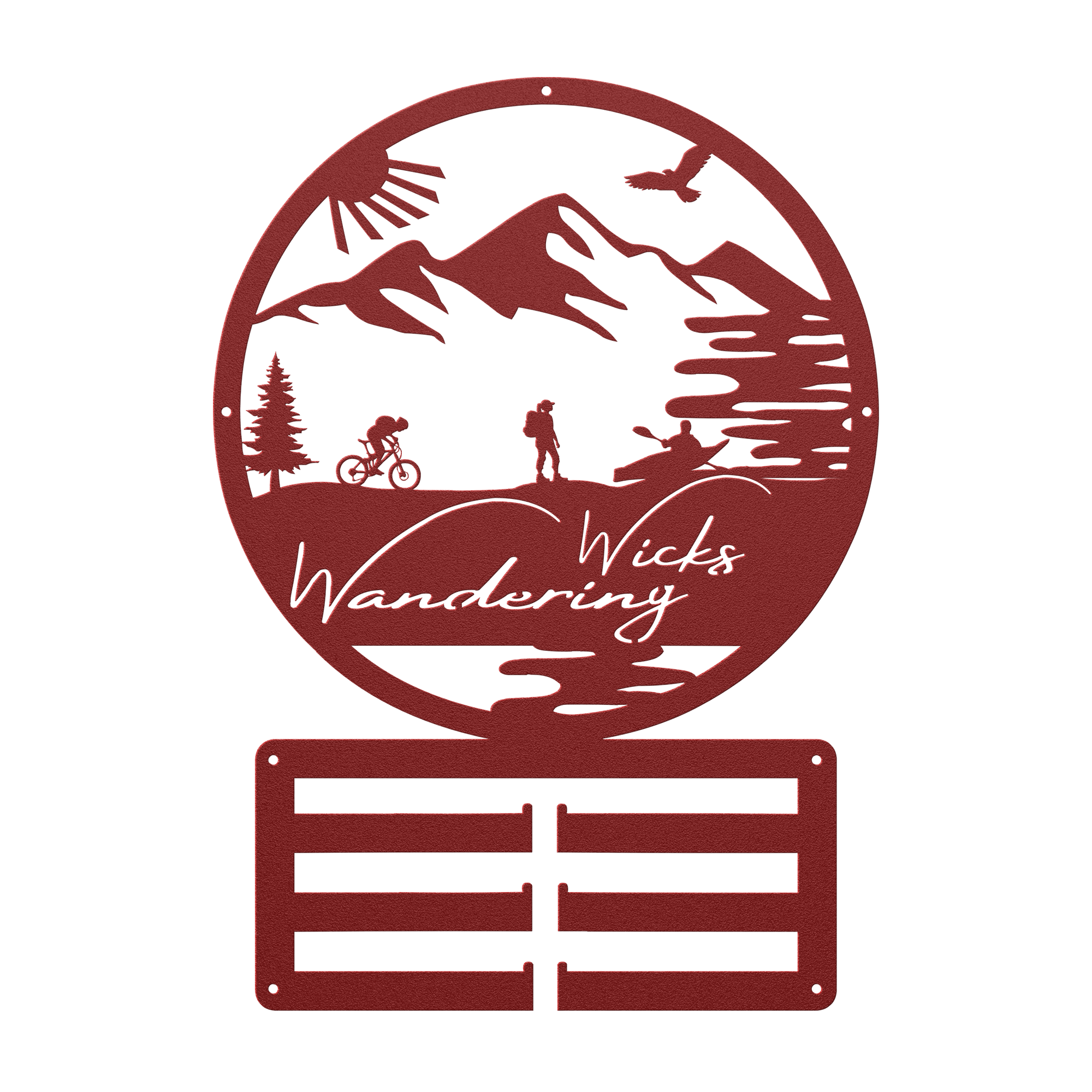 Custom Adventure Racing Medal Hanger With Female Hiker, Personalized Adventure Race Gift, Metal Adventure Wall Art, Home Decor Red