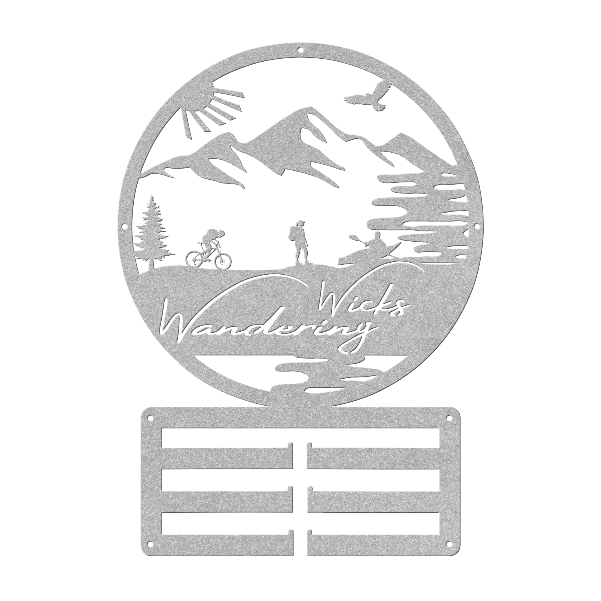 Custom Adventure Racing Medal Hanger With Female Hiker, Personalized Adventure Race Gift, Metal Adventure Wall Art, Home Decor Silver