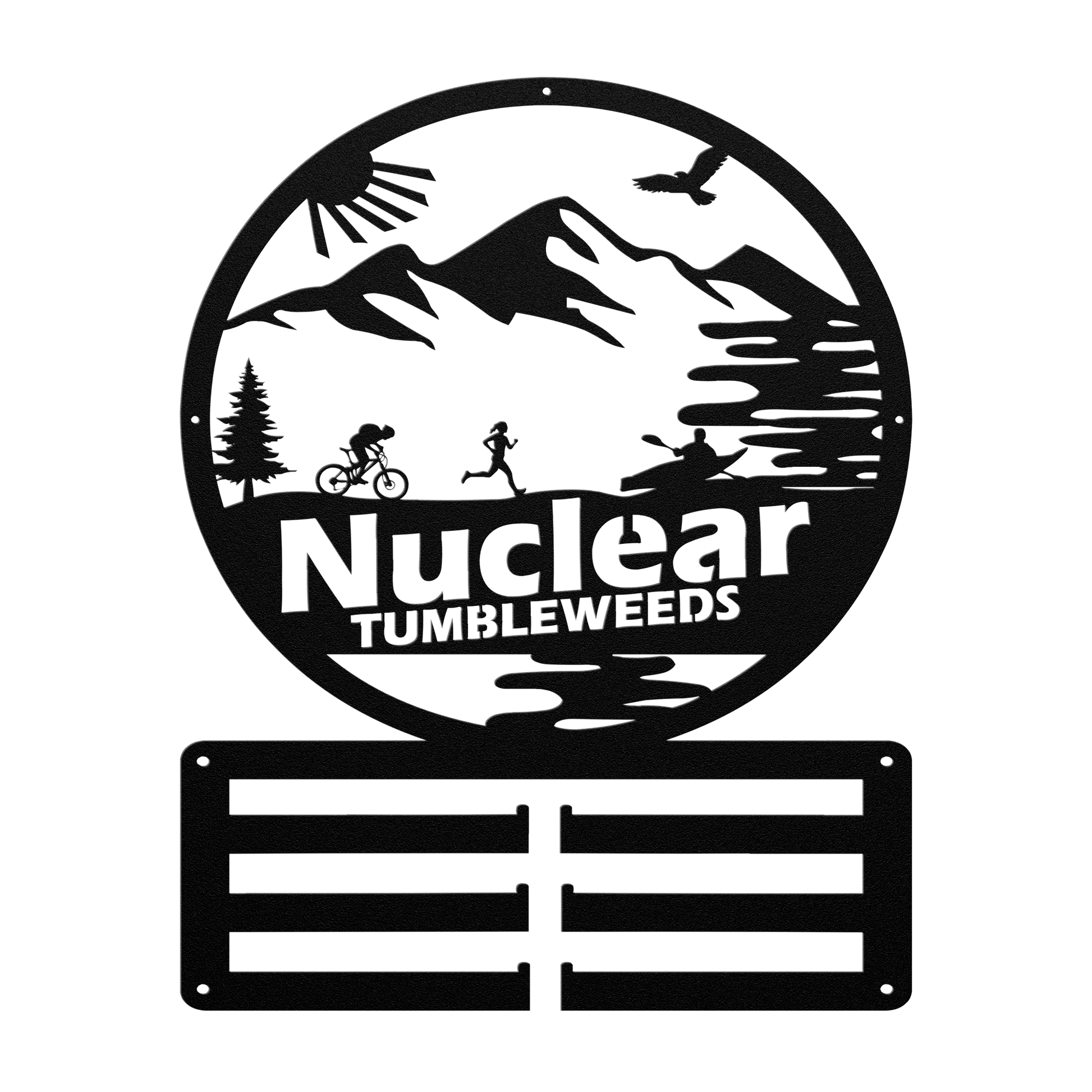 Custom Adventure Racing Medal Hanger With Female Runner, Personalized Adventure Race Gift, Metal Adventure Wall Art, Home Decor Black