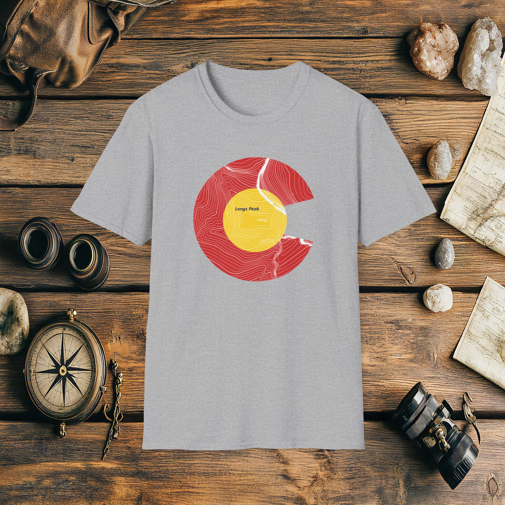 Longs Peak Colorado Flag 14er Topo Map T-Shirt, Mountain Summit, Climb Colorado, Adventure Gift
