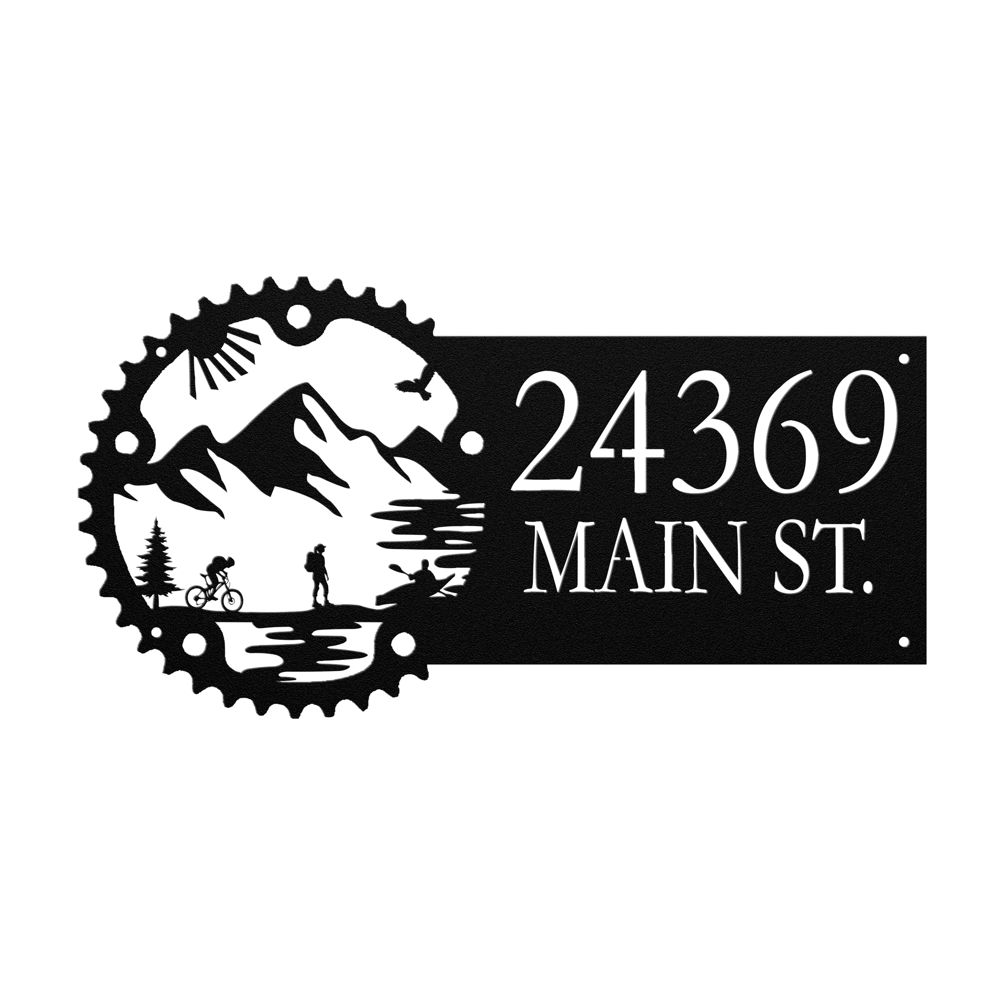 Metal House Number Address Sign| Adventure Racing Themed Chainring| Female Hiker Black
