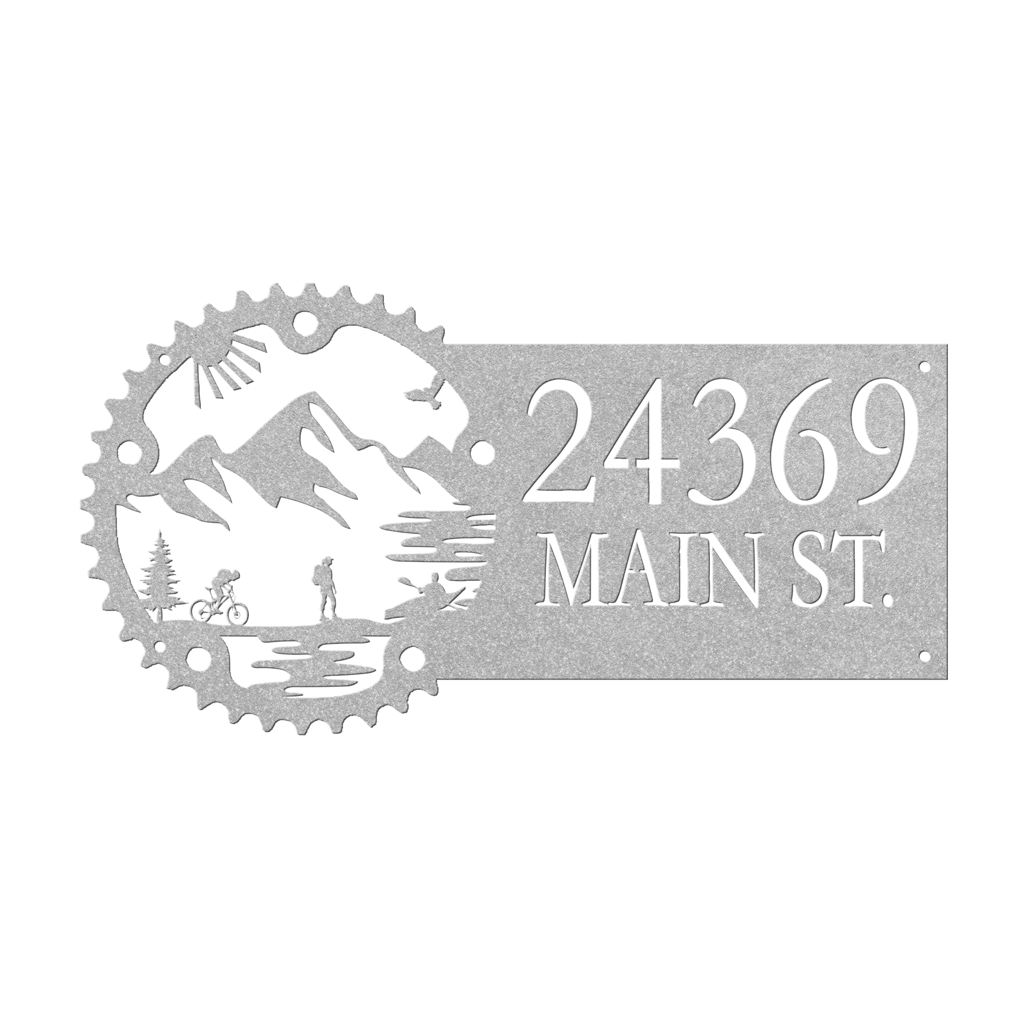 Metal House Number Address Sign| Adventure Racing Themed Chainring| Female Hiker Silver