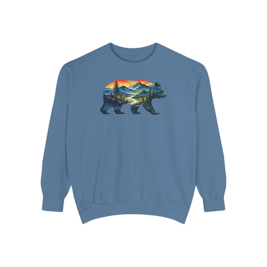 Mountain Bear Sunset Comfort Colors® 1566 Premium Sweatshirt, Nature Bear Graphic Sweatshirt, Wildlife Landscape Sweatshirt, Rustic Outdoor Adventure Sweatshirt, Forest Bear Sweatshirt
