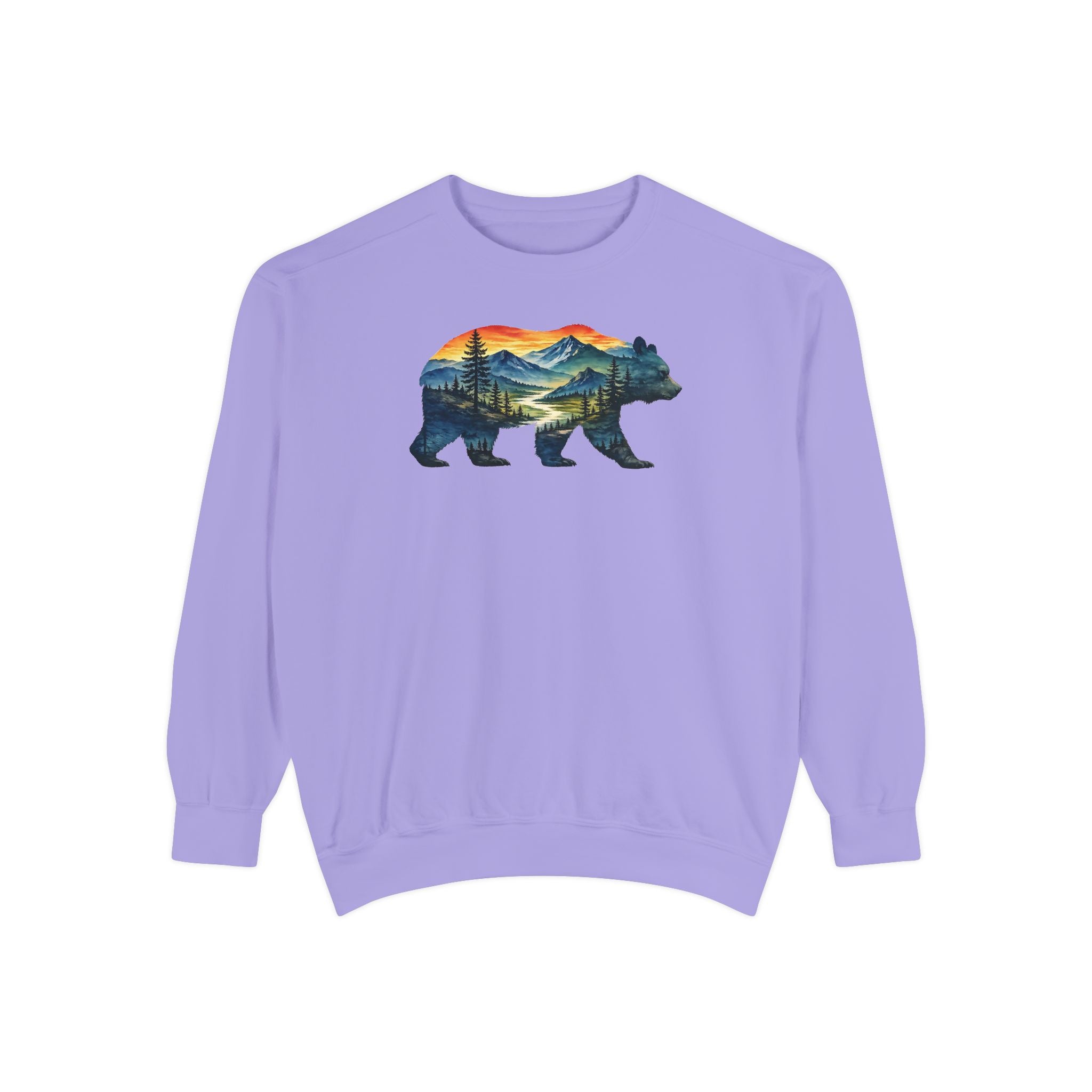 Mountain Bear Sunset Comfort Colors® 1566 Premium Sweatshirt, Nature Bear Graphic Sweatshirt, Wildlife Landscape Sweatshirt, Rustic Outdoor Adventure Sweatshirt, Forest Bear Sweatshirt