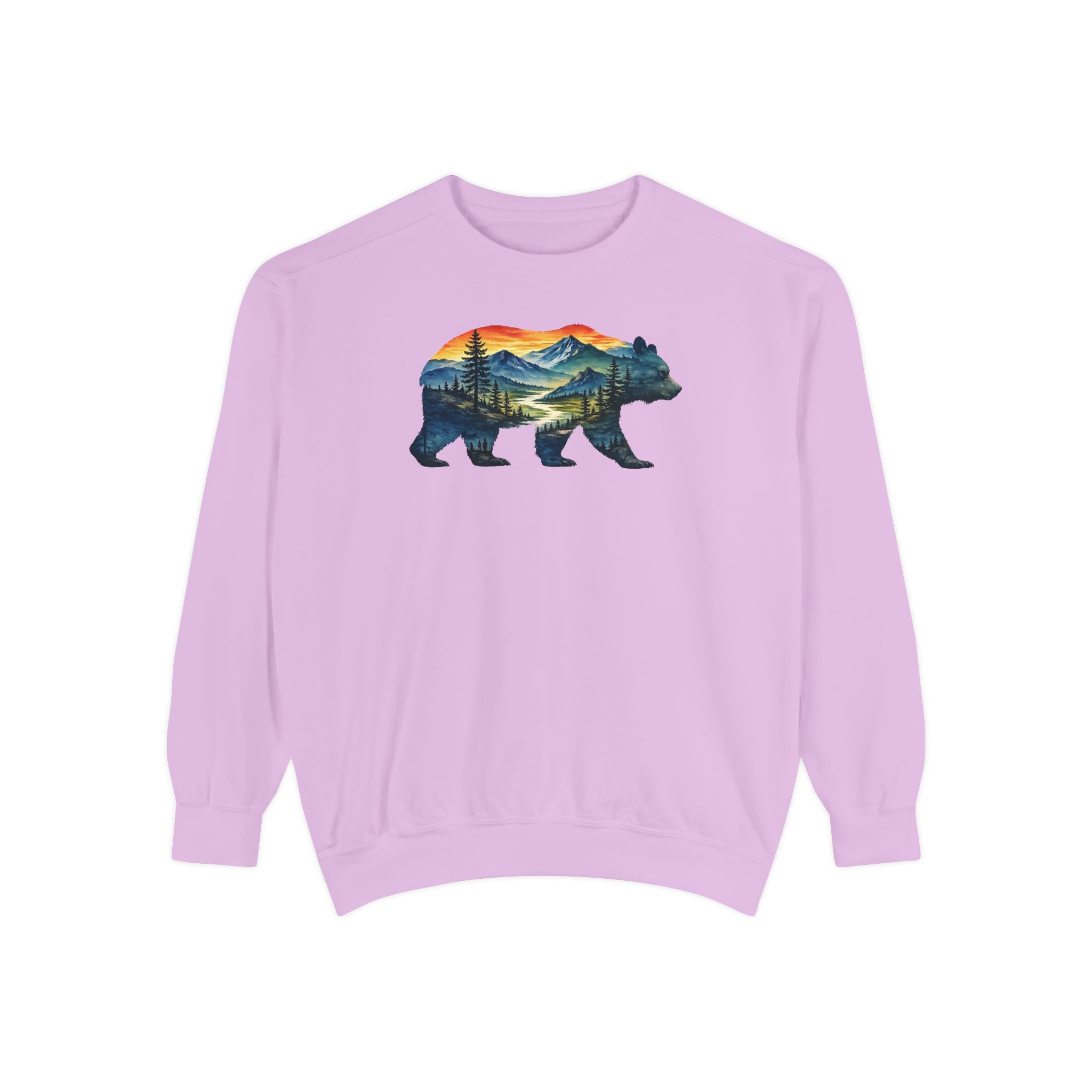 Mountain Bear Sunset Comfort Colors® 1566 Premium Sweatshirt, Nature Bear Graphic Sweatshirt, Wildlife Landscape Sweatshirt, Rustic Outdoor Adventure Sweatshirt, Forest Bear Sweatshirt