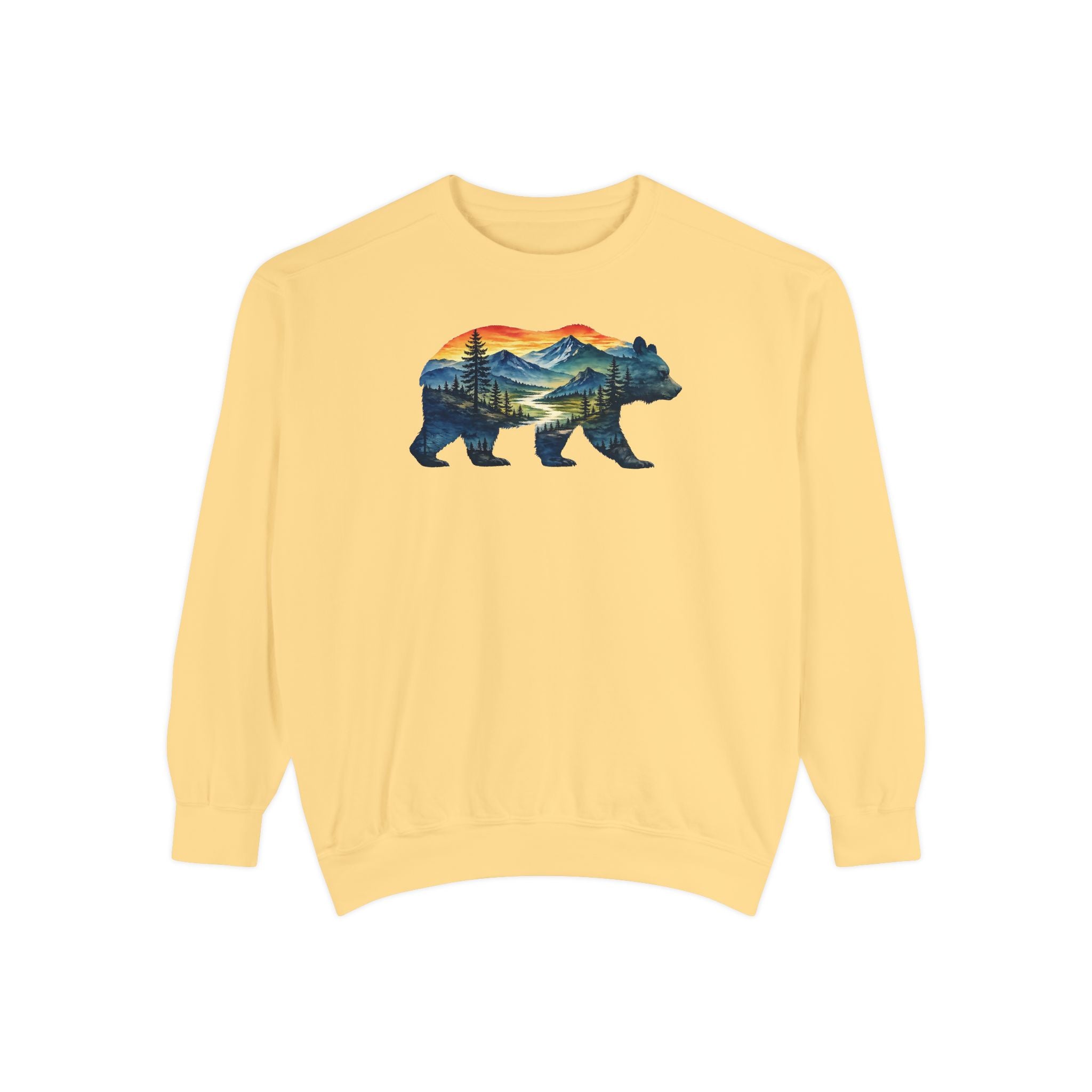 Mountain Bear Sunset Comfort Colors® 1566 Premium Sweatshirt, Nature Bear Graphic Sweatshirt, Wildlife Landscape Sweatshirt, Rustic Outdoor Adventure Sweatshirt, Forest Bear Sweatshirt