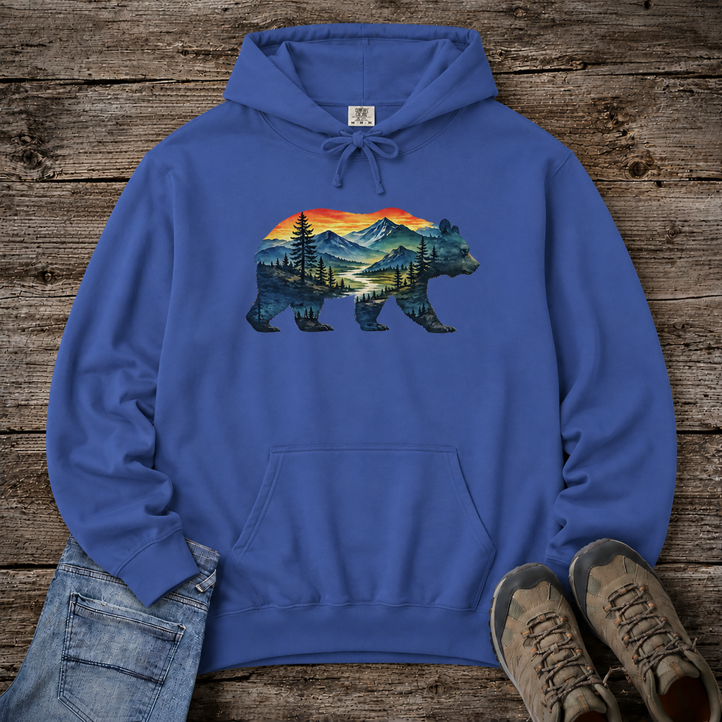 Mountain Bear Sunset Comfort Colors® 1567 Premium Heavy Hoodie, Nature Bear Graphic Tee, Wildlife Landscape Hoodie, Rustic Outdoor Adventure Hoodie, Forest Bear Hoodie