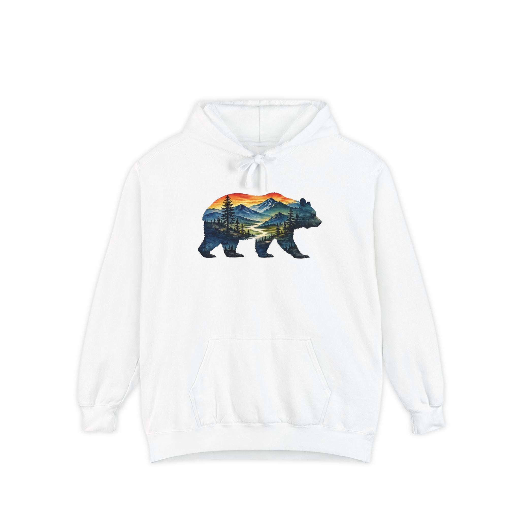 Mountain Bear Sunset Comfort Colors® 1567 Premium Heavy Hoodie, Nature Bear Graphic Tee, Wildlife Landscape Hoodie, Rustic Outdoor Adventure Hoodie, Forest Bear Hoodie