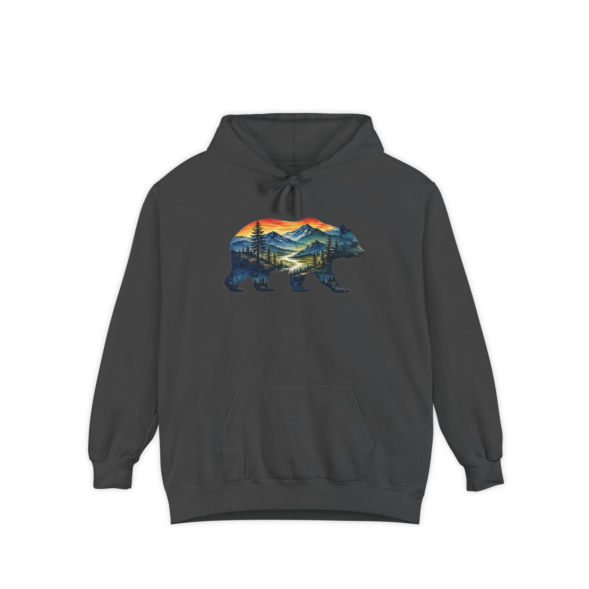 Mountain Bear Sunset Comfort Colors® 1567 Premium Heavy Hoodie, Nature Bear Graphic Tee, Wildlife Landscape Hoodie, Rustic Outdoor Adventure Hoodie, Forest Bear Hoodie