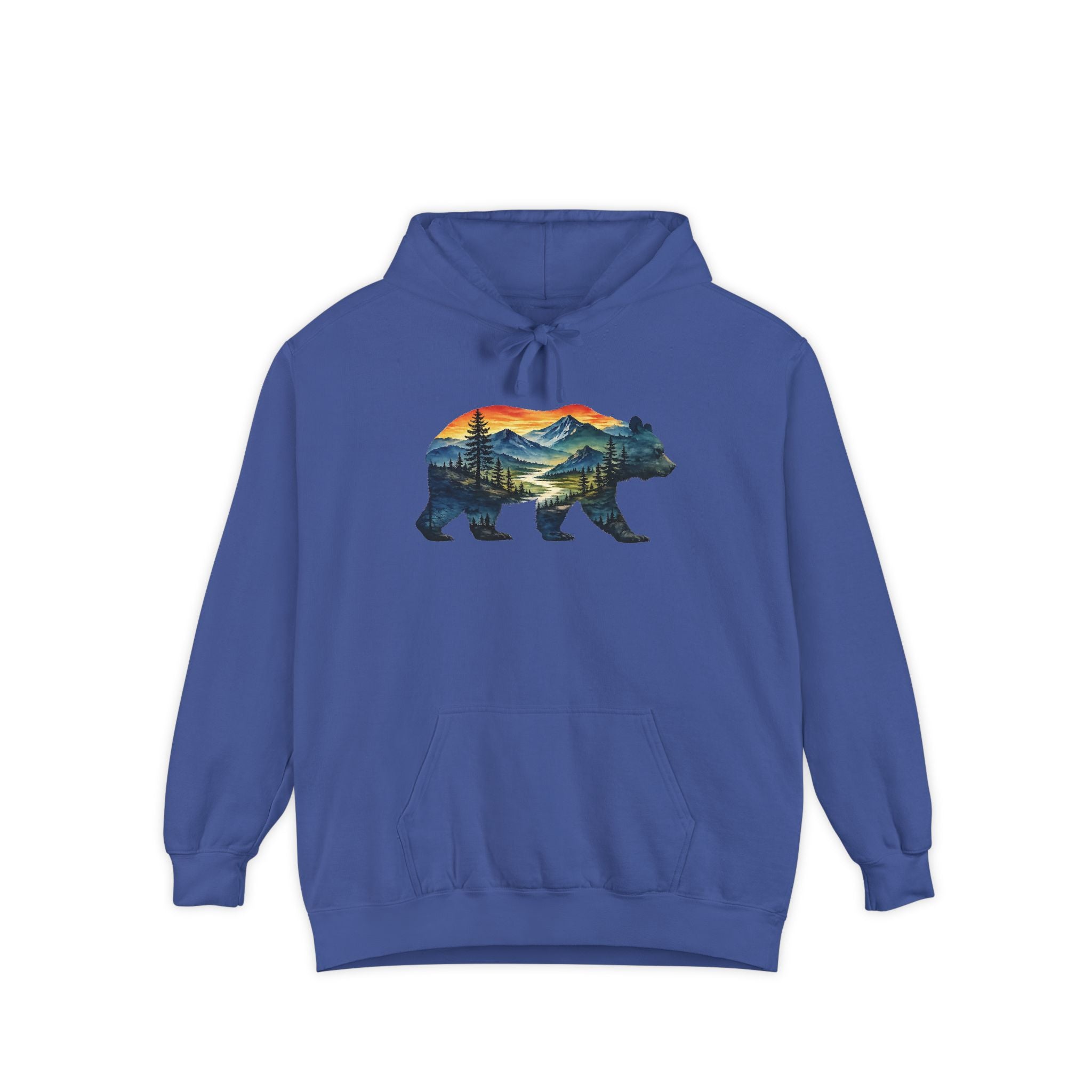 Mountain Bear Sunset Comfort Colors® 1567 Premium Heavy Hoodie, Nature Bear Graphic Tee, Wildlife Landscape Hoodie, Rustic Outdoor Adventure Hoodie, Forest Bear Hoodie