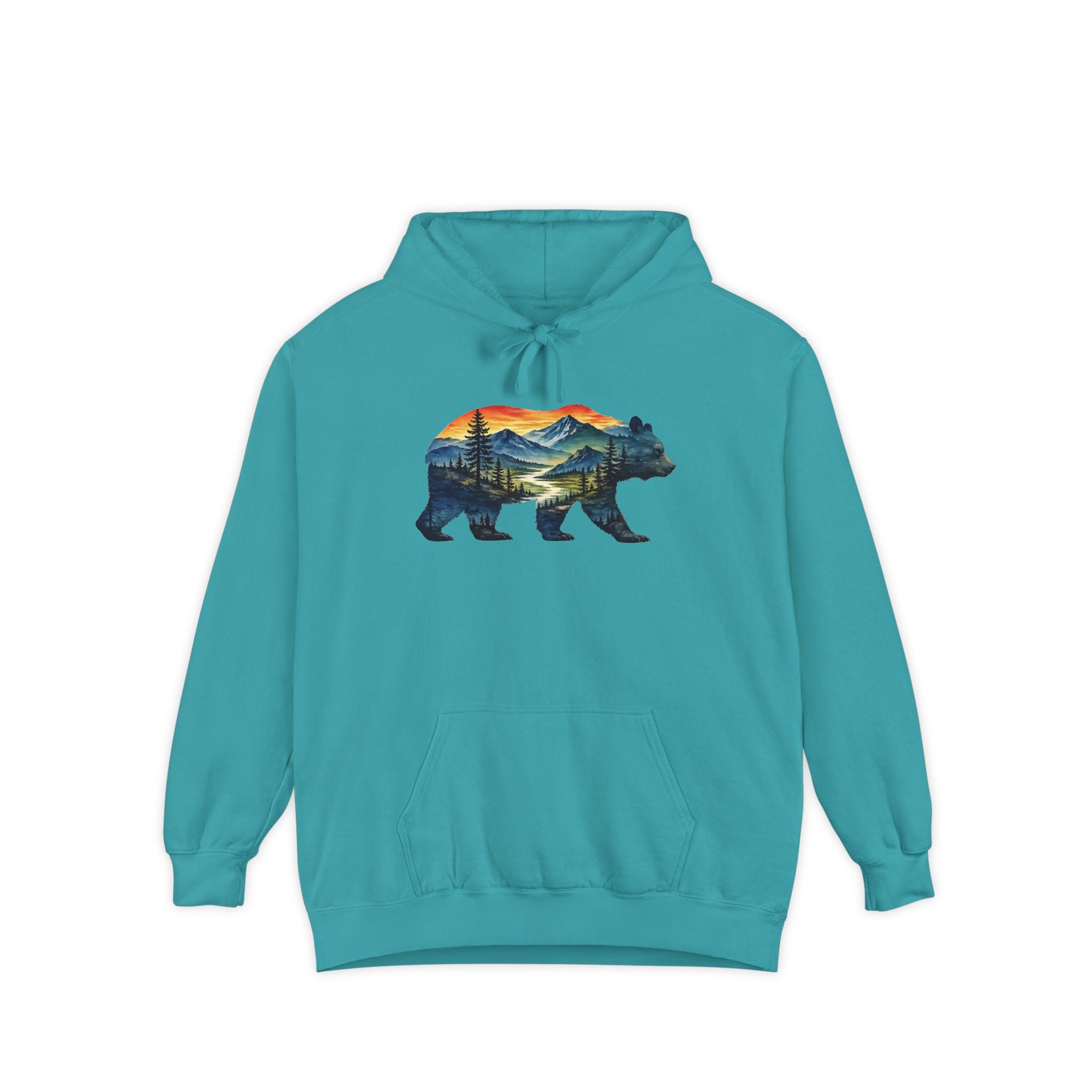 Mountain Bear Sunset Comfort Colors® 1567 Premium Heavy Hoodie, Nature Bear Graphic Tee, Wildlife Landscape Hoodie, Rustic Outdoor Adventure Hoodie, Forest Bear Hoodie