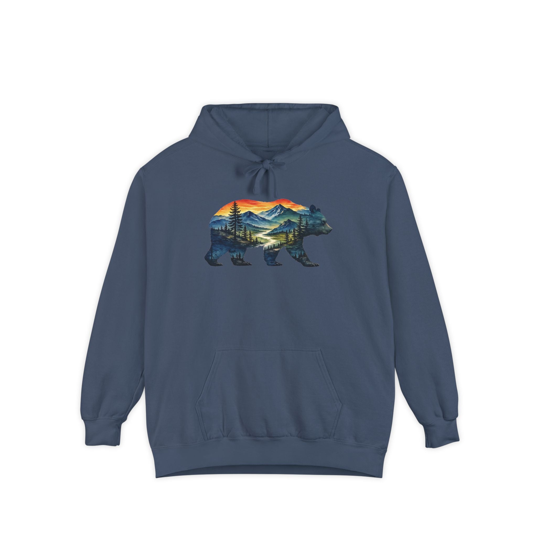 Mountain Bear Sunset Comfort Colors® 1567 Premium Heavy Hoodie, Nature Bear Graphic Tee, Wildlife Landscape Hoodie, Rustic Outdoor Adventure Hoodie, Forest Bear Hoodie