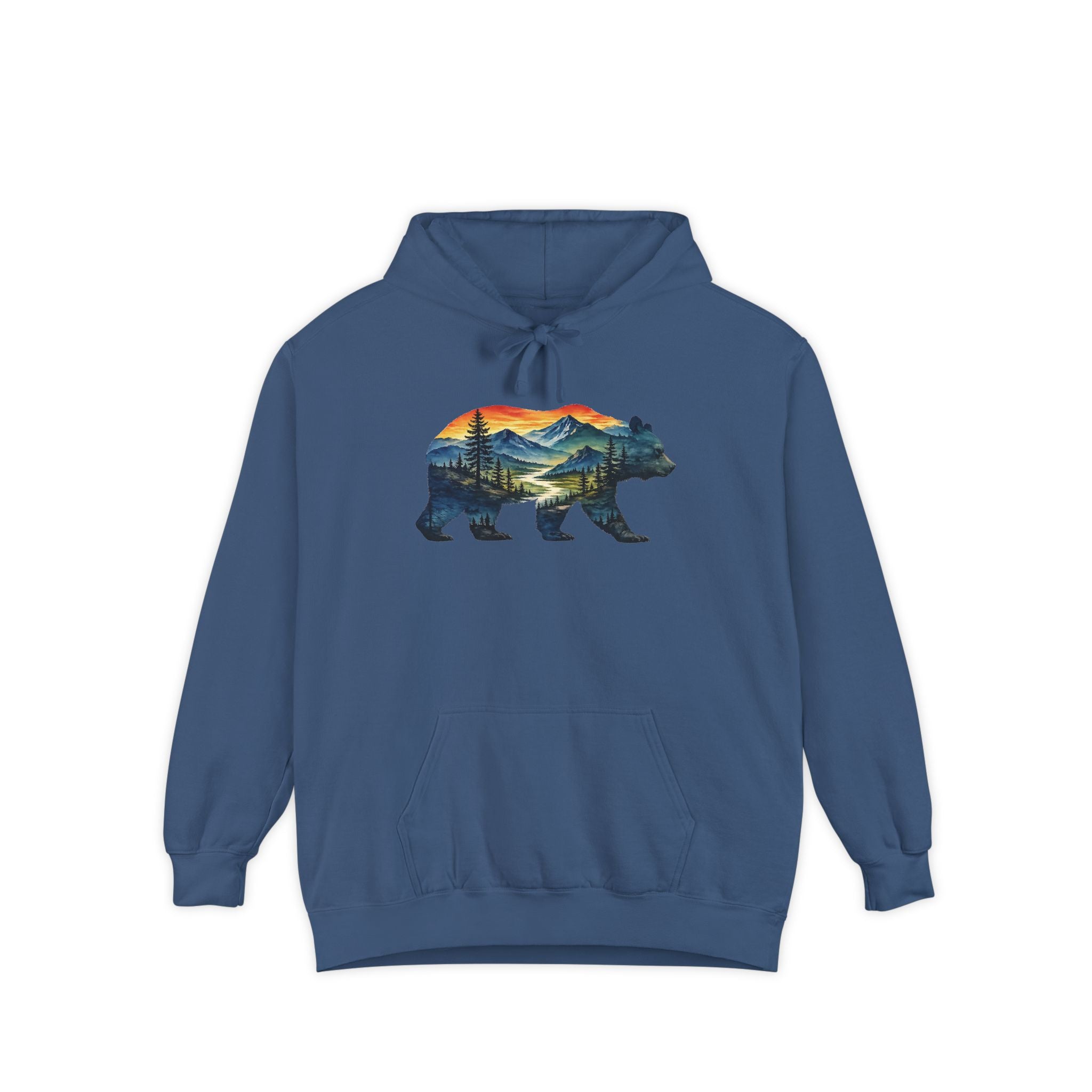 Mountain Bear Sunset Comfort Colors® 1567 Premium Heavy Hoodie, Nature Bear Graphic Tee, Wildlife Landscape Hoodie, Rustic Outdoor Adventure Hoodie, Forest Bear Hoodie