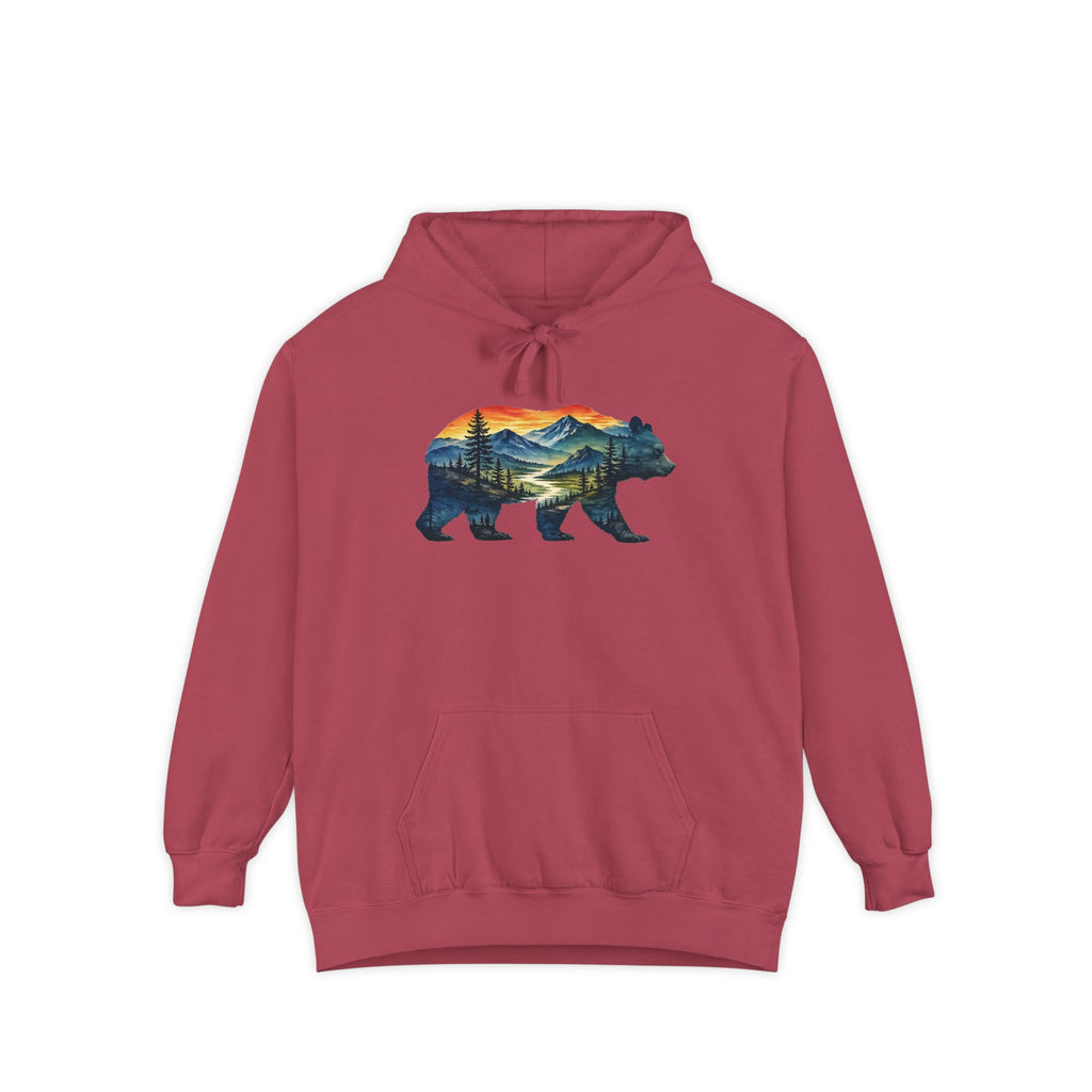 Mountain Bear Sunset Comfort Colors® 1567 Premium Heavy Hoodie, Nature Bear Graphic Tee, Wildlife Landscape Hoodie, Rustic Outdoor Adventure Hoodie, Forest Bear Hoodie
