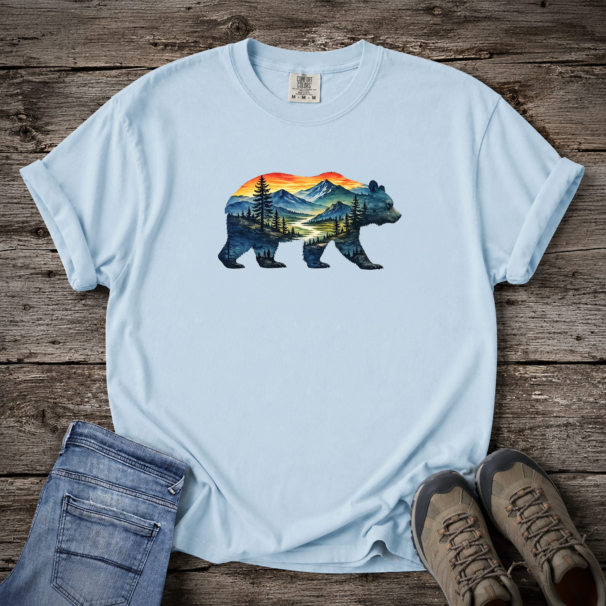 Mountain Bear Sunset Comfort Colors® 1717 Premium T-Shirt, Nature Bear Graphic Tee, Wildlife Landscape Shirt, Rustic Outdoor Adventure Shirt, Forest Bear Tee