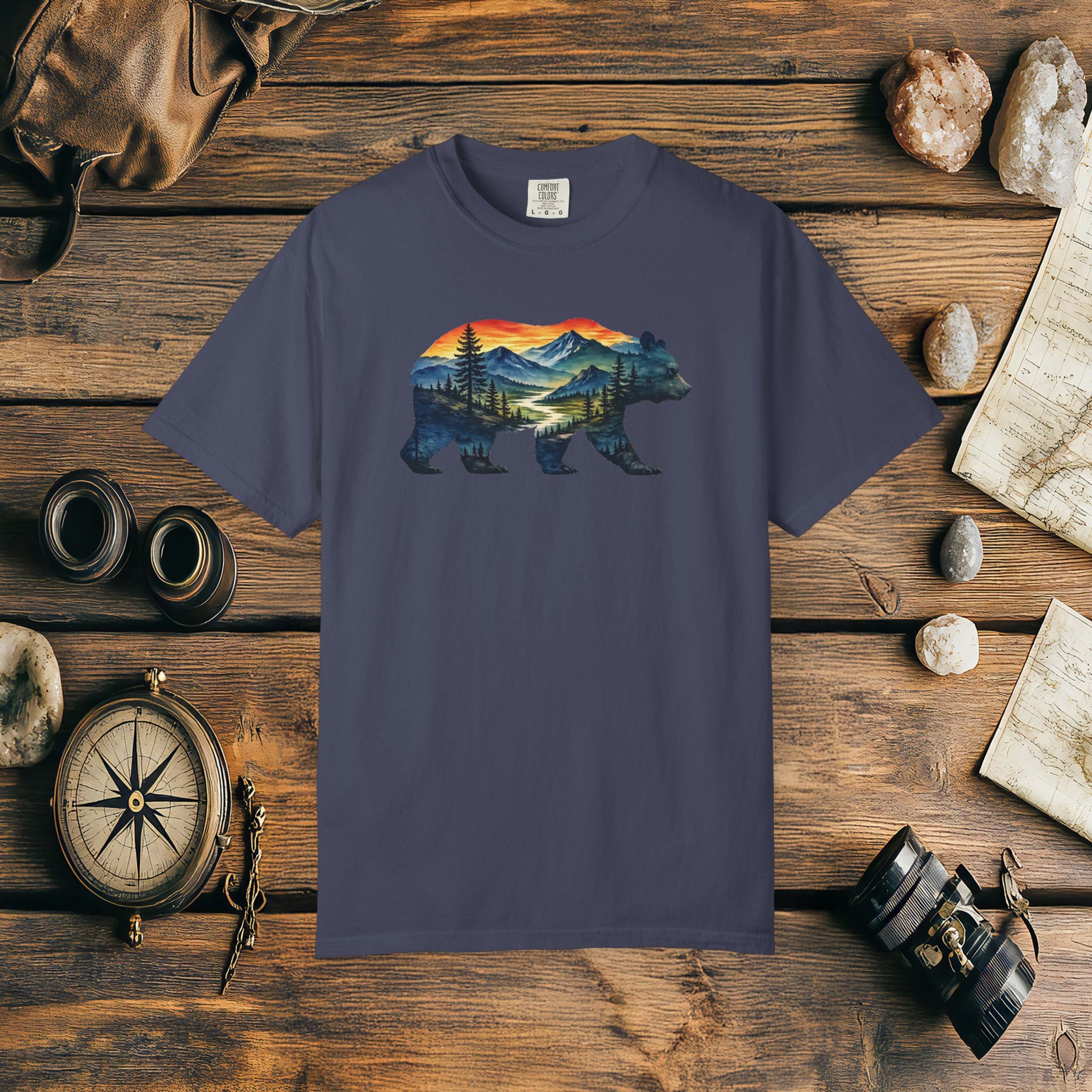 Mountain Bear Sunset Comfort Colors® 1717 Premium T-Shirt, Nature Bear Graphic Tee, Wildlife Landscape Shirt, Rustic Outdoor Adventure Shirt, Forest Bear Tee