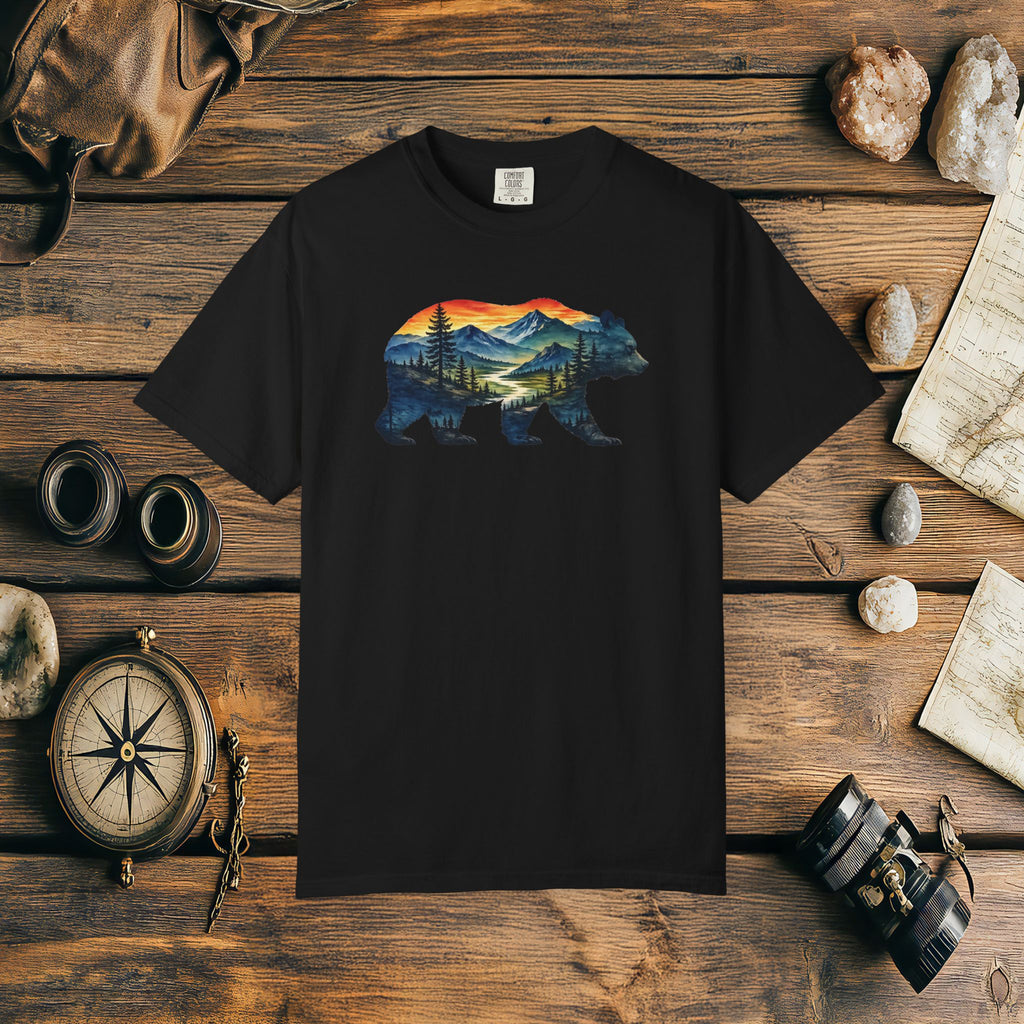 Mountain Bear Sunset Comfort Colors® 1717 Premium T-Shirt, Nature Bear Graphic Tee, Wildlife Landscape Shirt, Rustic Outdoor Adventure Shirt, Forest Bear Tee