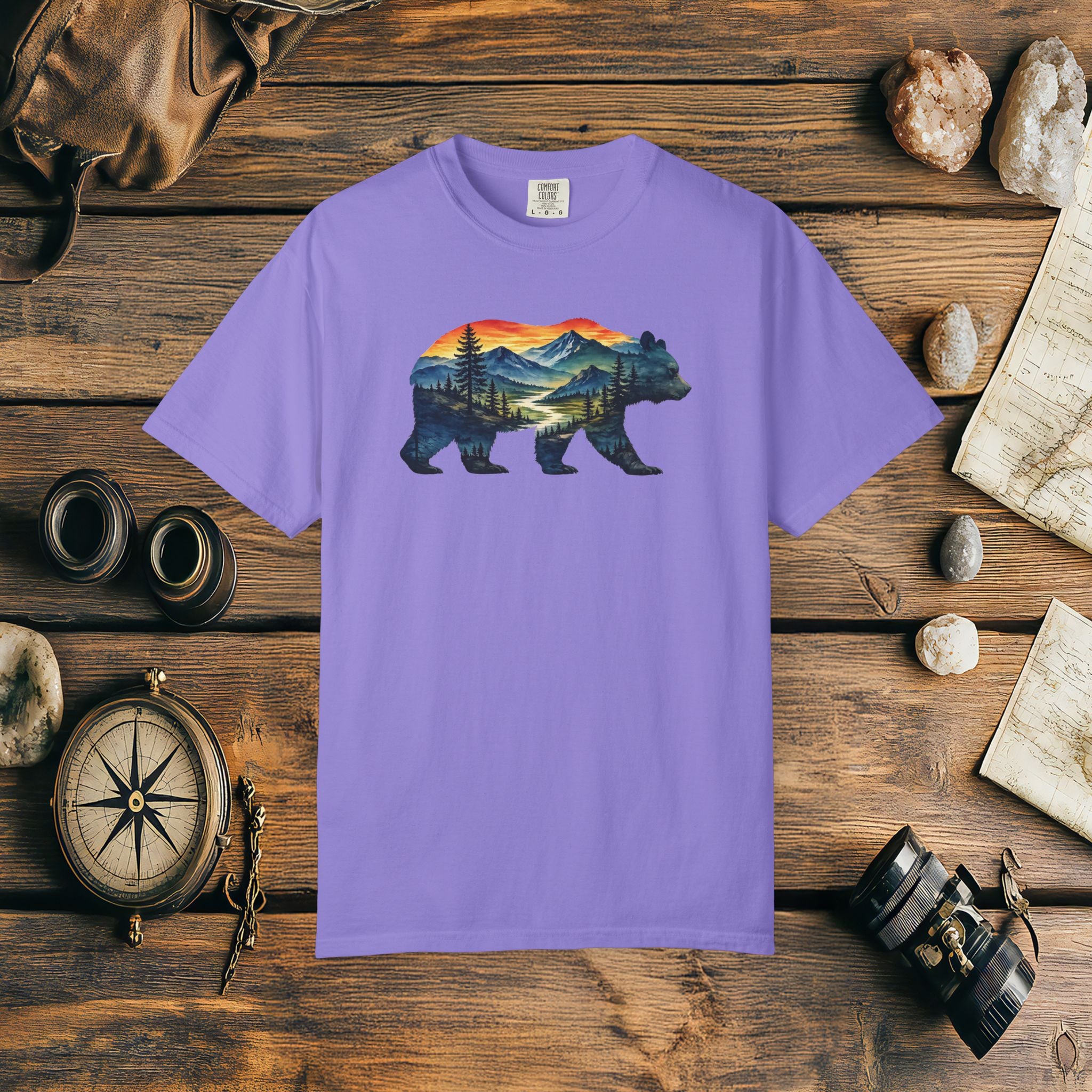 Mountain Bear Sunset Comfort Colors® 1717 Premium T-Shirt, Nature Bear Graphic Tee, Wildlife Landscape Shirt, Rustic Outdoor Adventure Shirt, Forest Bear Tee
